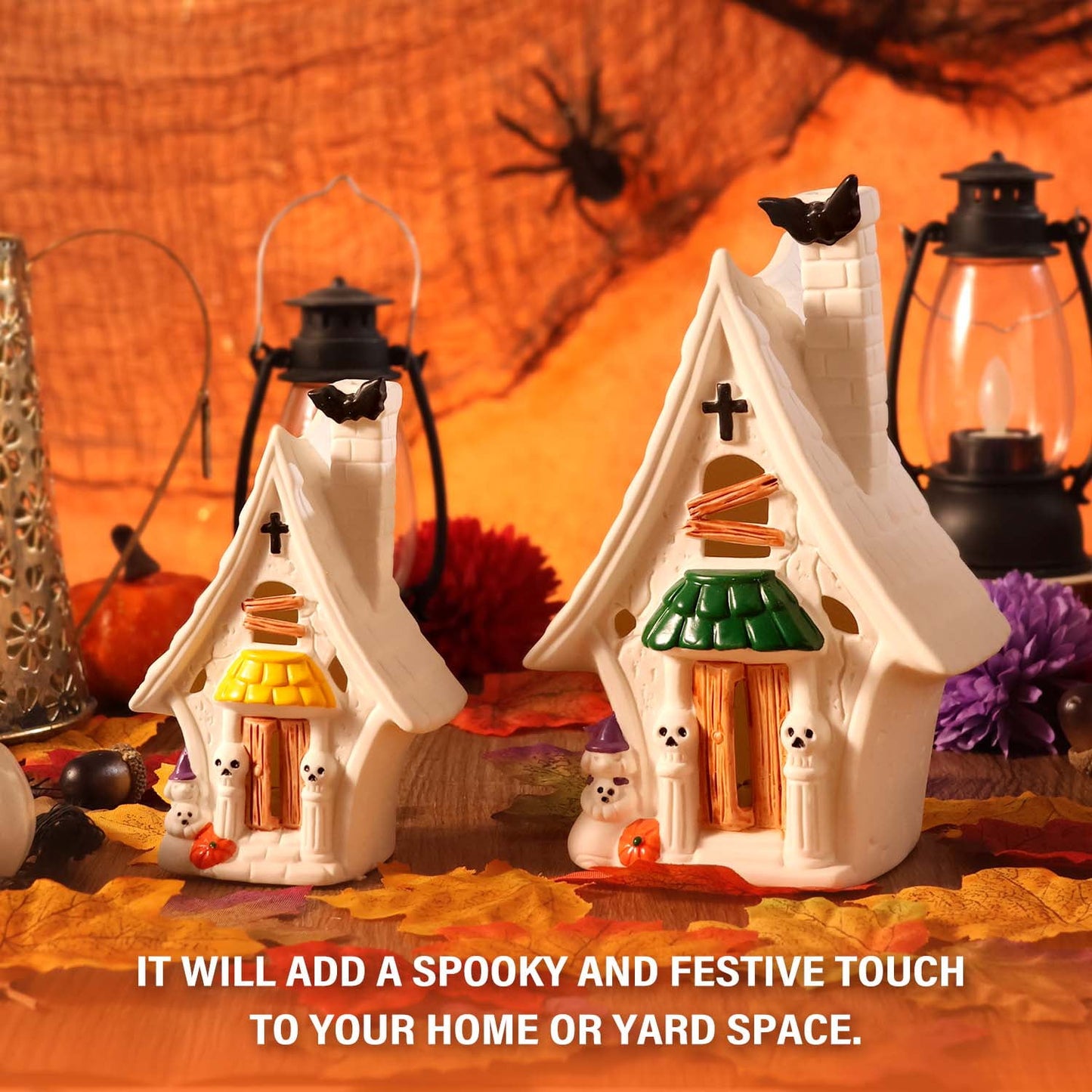 Ayieyll 2Pcs Pre-Lit Ceramic Halloween Village Halloween Haunted House White Village Houses with Skulls & LED & Bats for Halloween Table Decorations