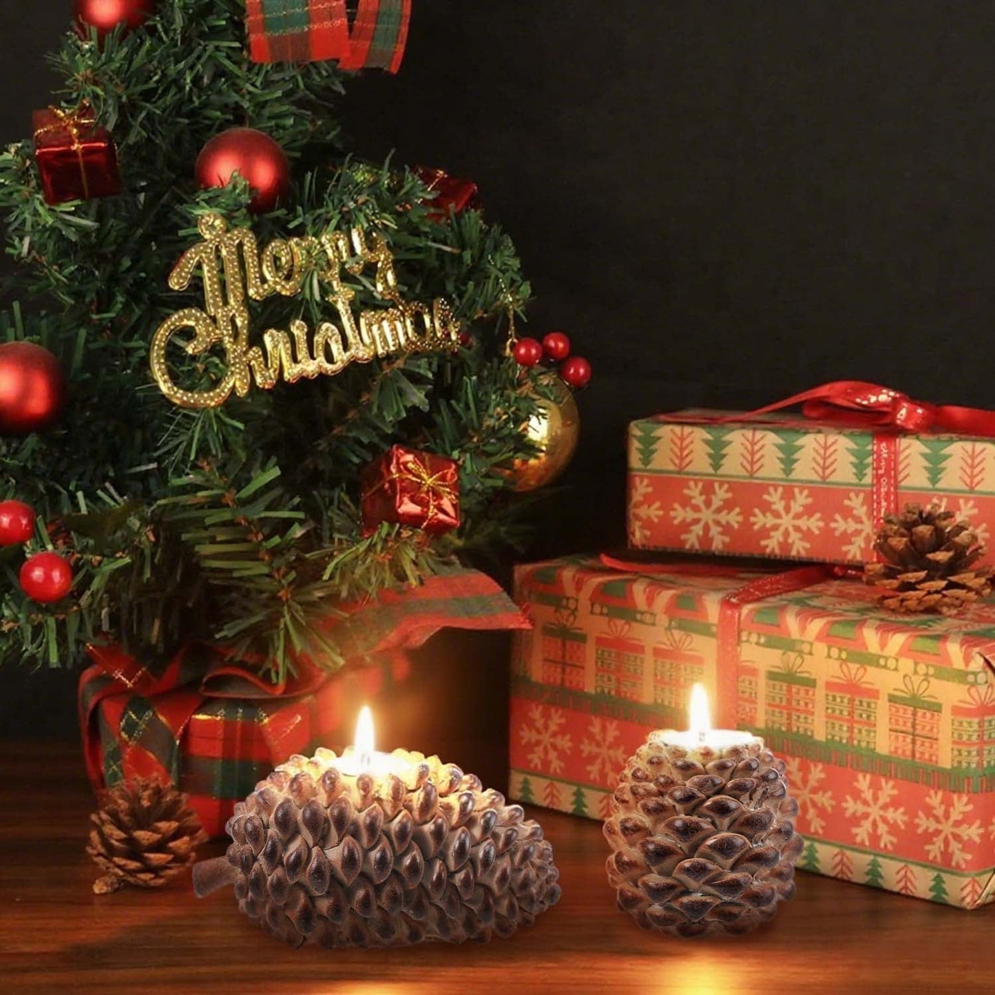 Ayieyill Christmas Pine Cone Candle Holders Set of 3, Pinecones Decor for Christmas Decoration