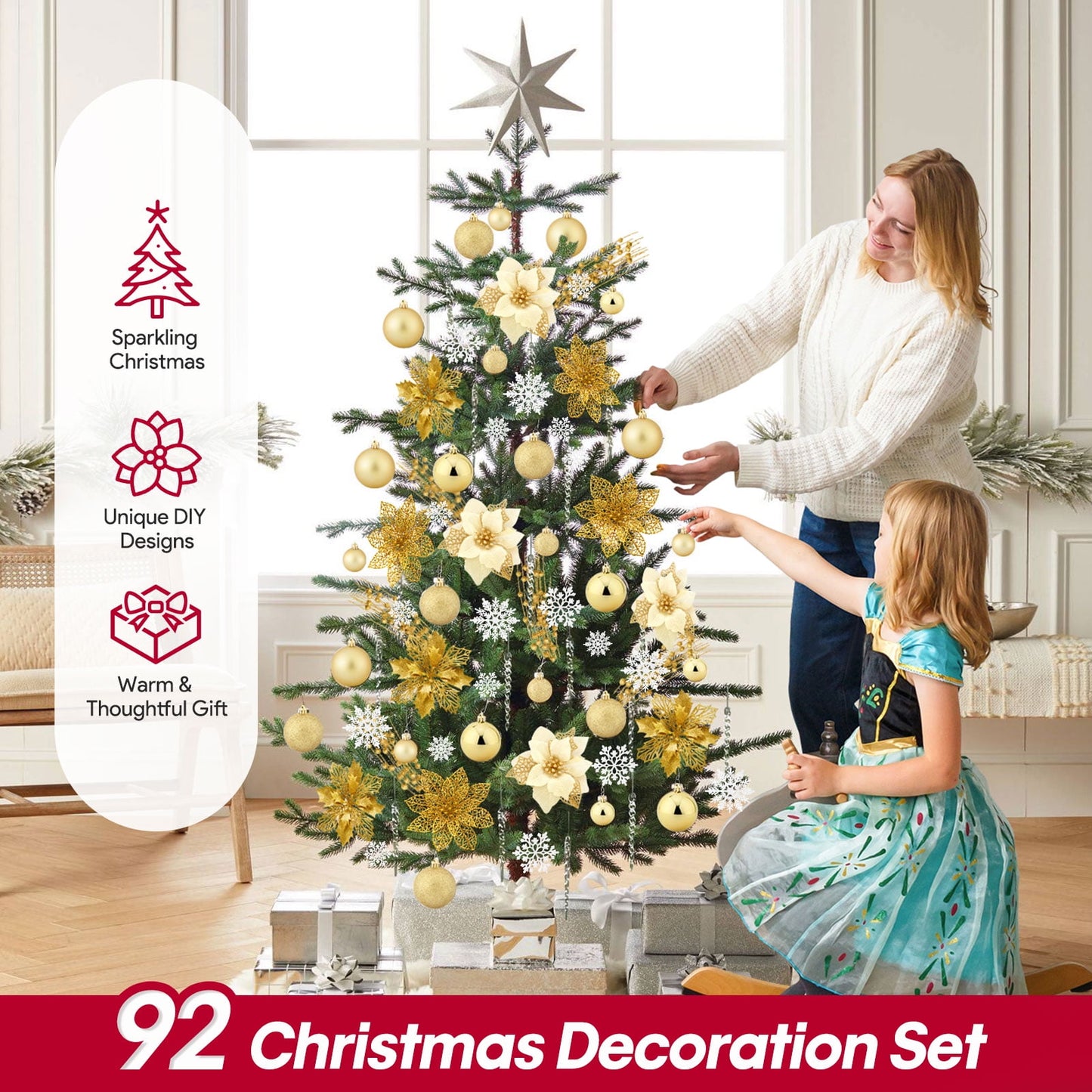 Ayieyill 92Pcs Christmas Tree Decorations Includes Poinsettia Christmas Flowers, Ball Ornaments, Artificial Glitter Berry Stems, Snowflake and Icicle Drop Crystal Ornaments