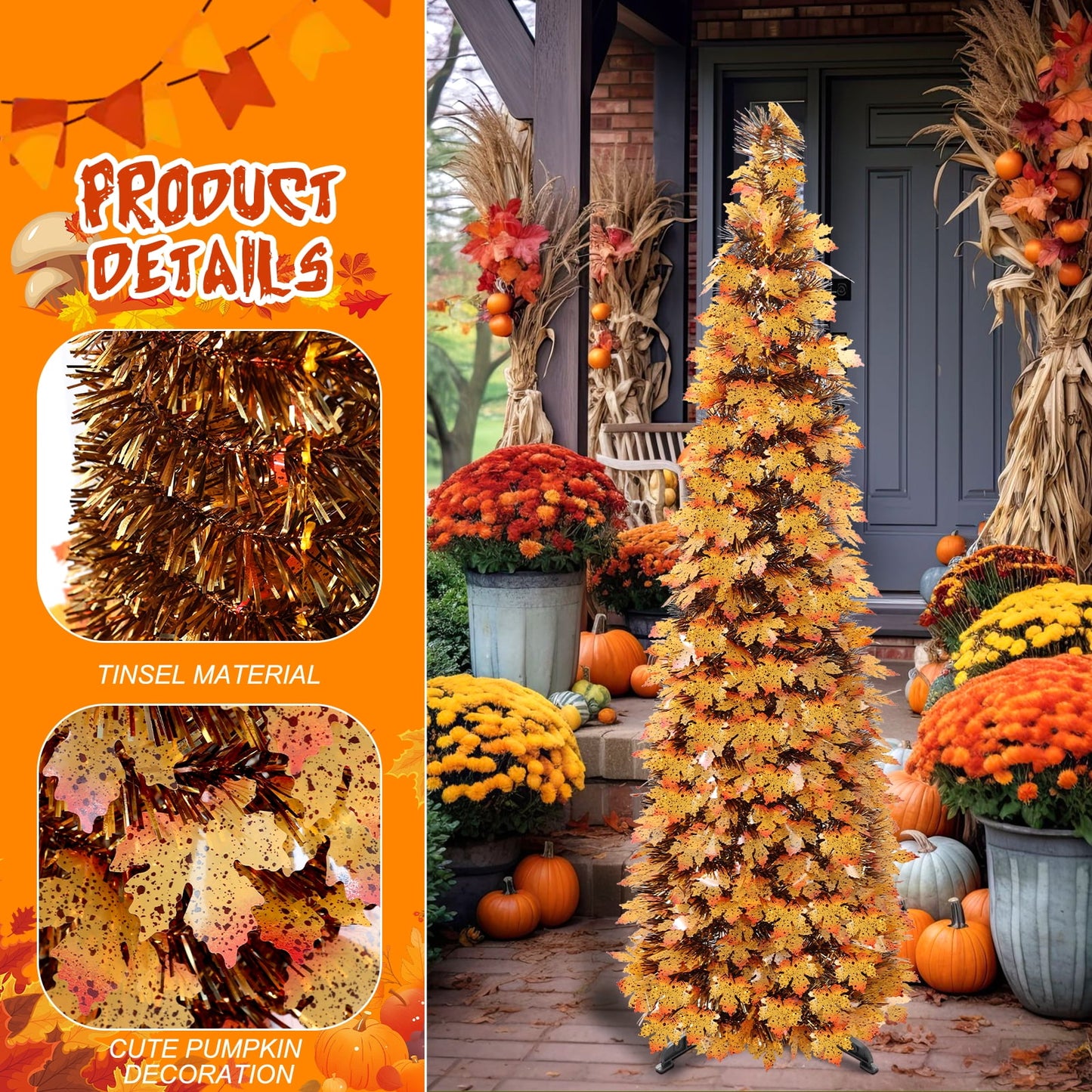 Ayieyill 5Ft Fall Tree Pop up Pencil Tree Collapsible Maple Tree for Indoor Outdoor Thanksgiving Decorations Autumn Harvest
