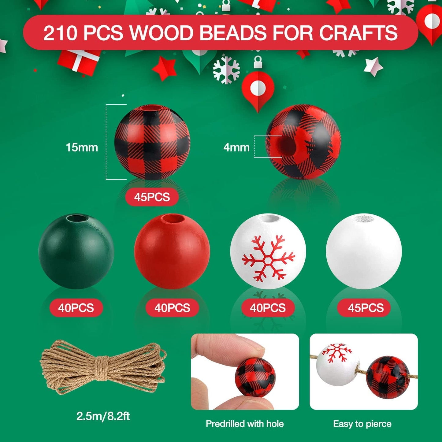 Ayieyill 210 Pcs Christmas Wooden Beads Red Green Buffalo Plaid Wood Bead