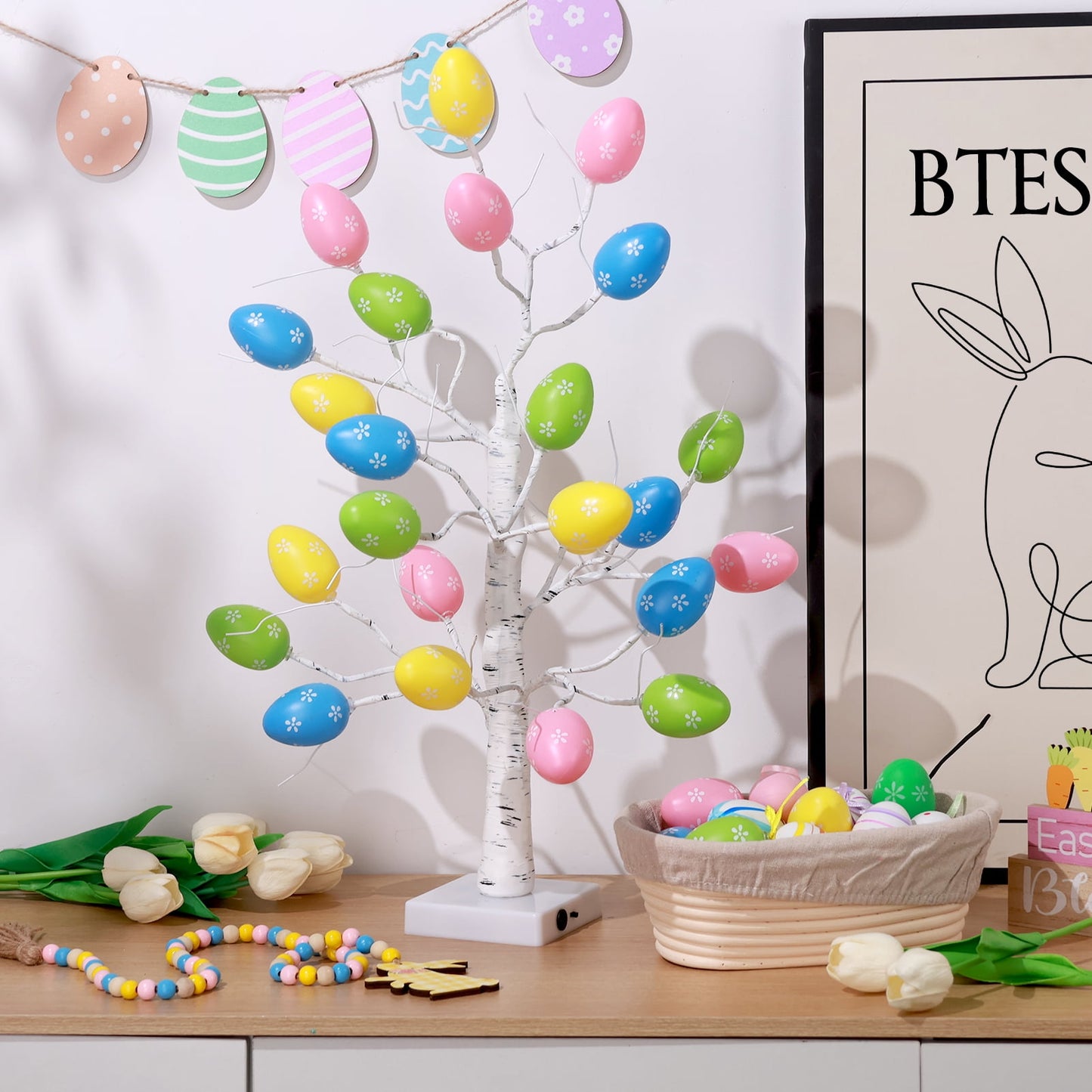 Ayieyill Lighted Easter Egg Tree Tabletop 21 inch Artificial Birch Tree Lights Include 24 Pieces Egg Ornament for Home Spring Easter Decorations