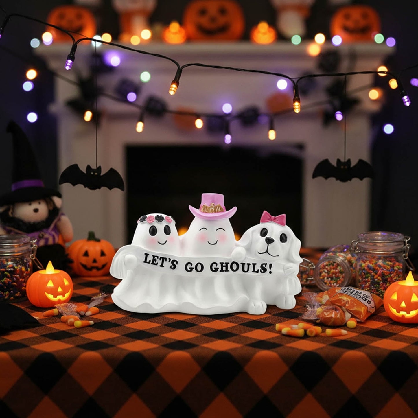 Ayieyill Halloween Ghost Decor, Resin Tabletop Halloween Indoor Decor, Pink Ghost Halloween Decor for Halloween Gift