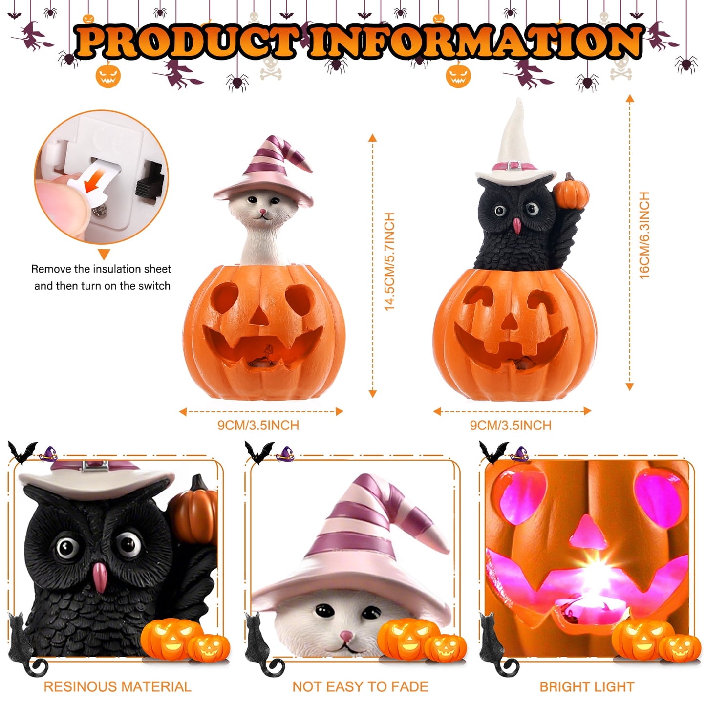 Ayieyill Halloween Figurines Set of 2, Cat and Owl on Pumpkin Decor with LED Lights for Halloween Decorations Indoor