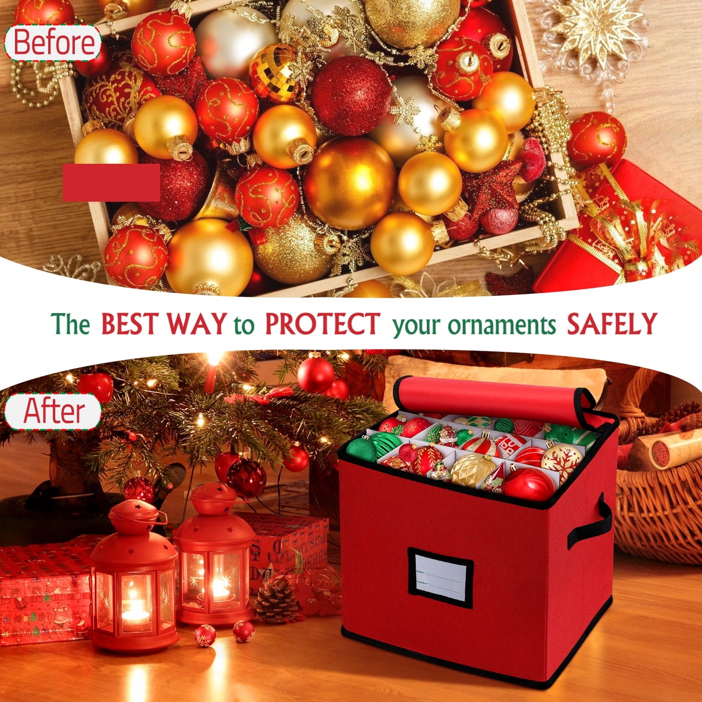 Ayieyill Premium Red Christmas Ornament Storage Chest, Ornament Storage Box Ornament Organizer Holds 64 Balls w/ Dividers , (L) 12''x (W) 12''x (H) 12''