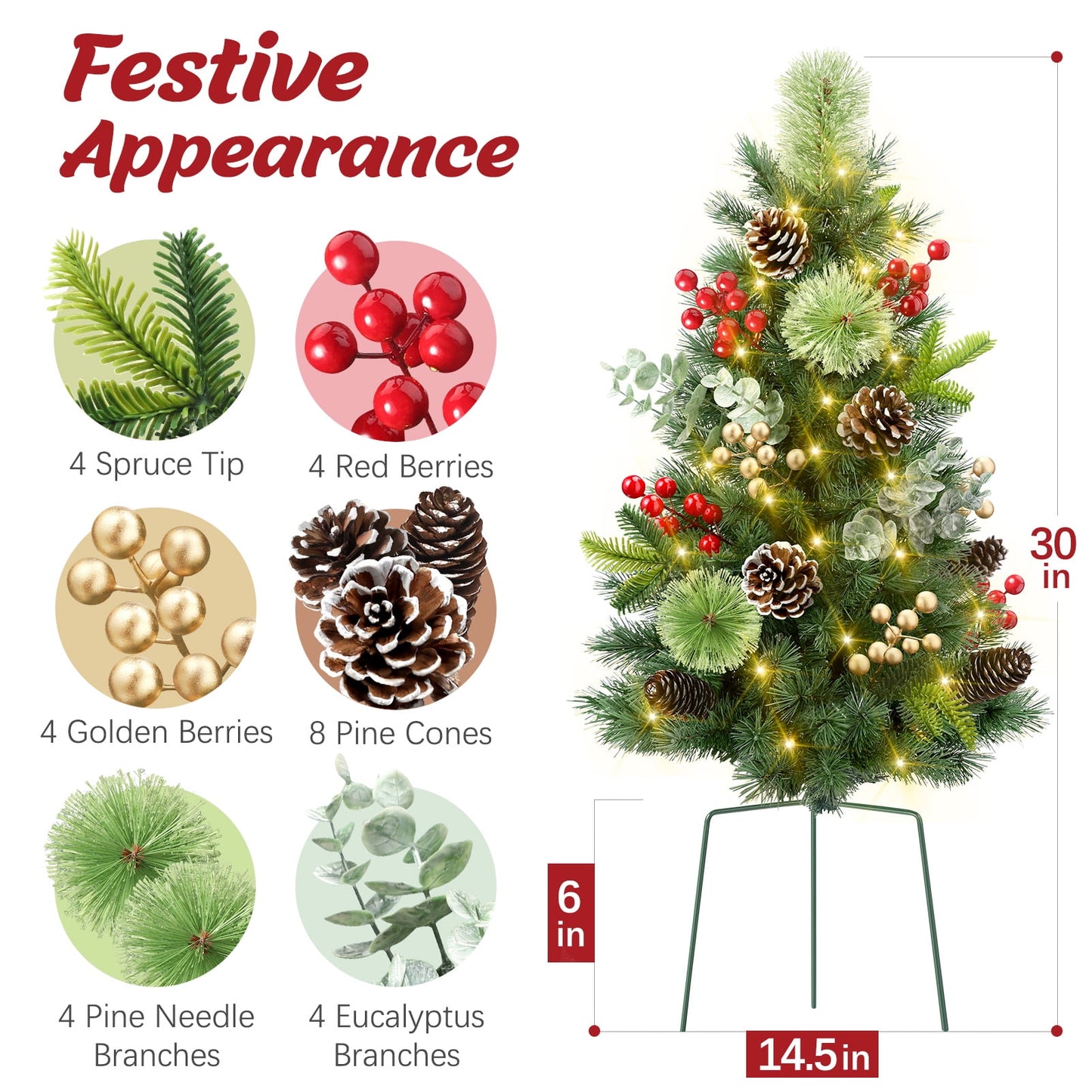 Ayieyill Set of 2 30in Pre-Lit Outdoor Pathway Christmas Trees Decor w/ Berries | Pine Cones | LED Lights for Porch, Yard, Garden