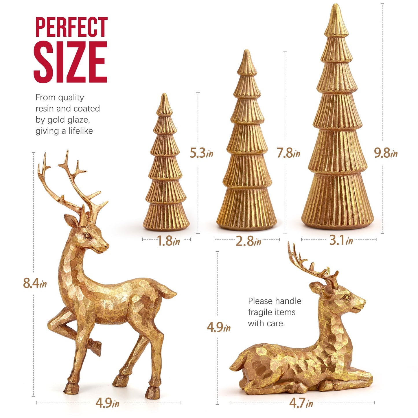 Ayieyill 5PCS Christmas Tree Resin Reindeer Figurines, Tree and Deer Christmas Decor, Deer Decorative Statues Resting Lucky Deer Sculptures(Rose Gold)