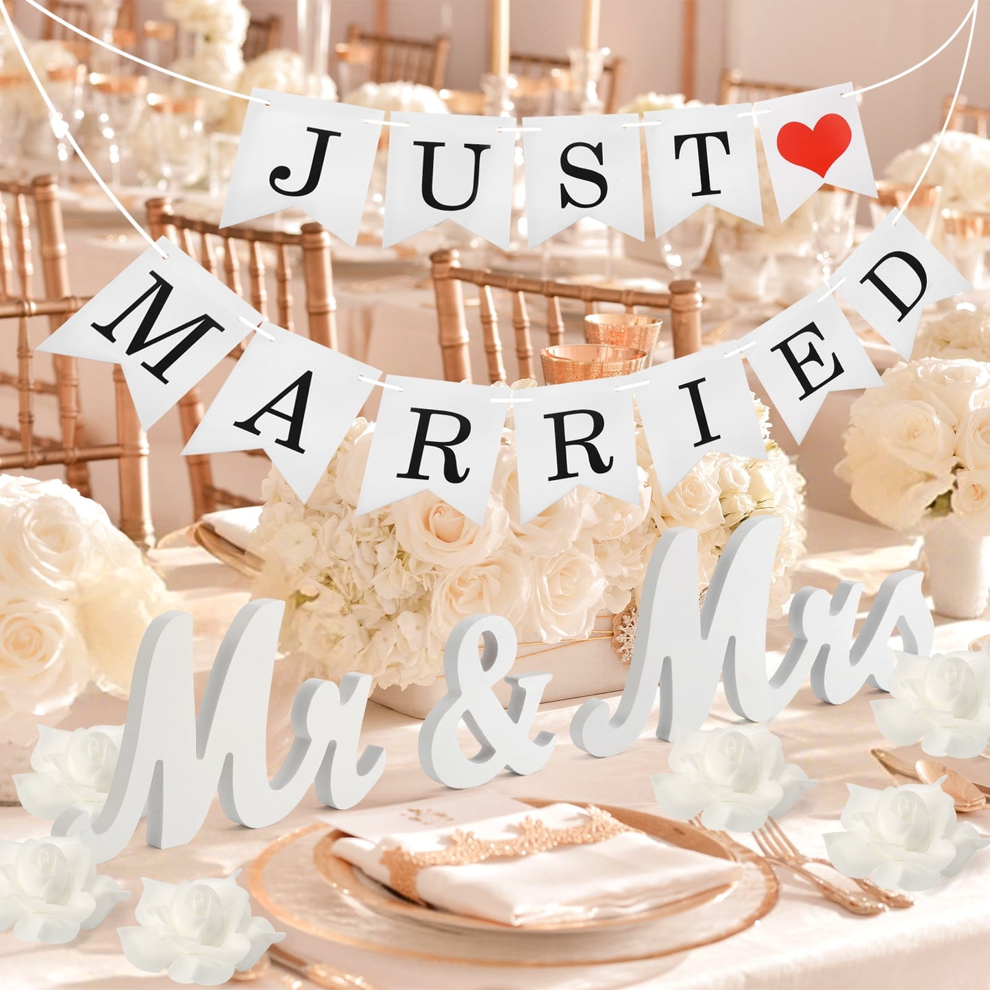 Ayieyill Mr and Mrs Sign for Wedding Party Table, Wedding Decorations for Reception, Wedding Signs (White with Banner)