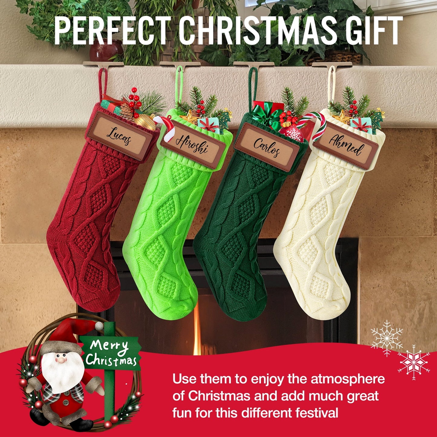 Ayieyill 6Pack Christmas Stockings, 17.7Inches Large Knitted Stocking Personalized Xmas Hanging Stocking Decorations with Name Leather Patches for Holiday Christmas Party Family Decor (Green Red)