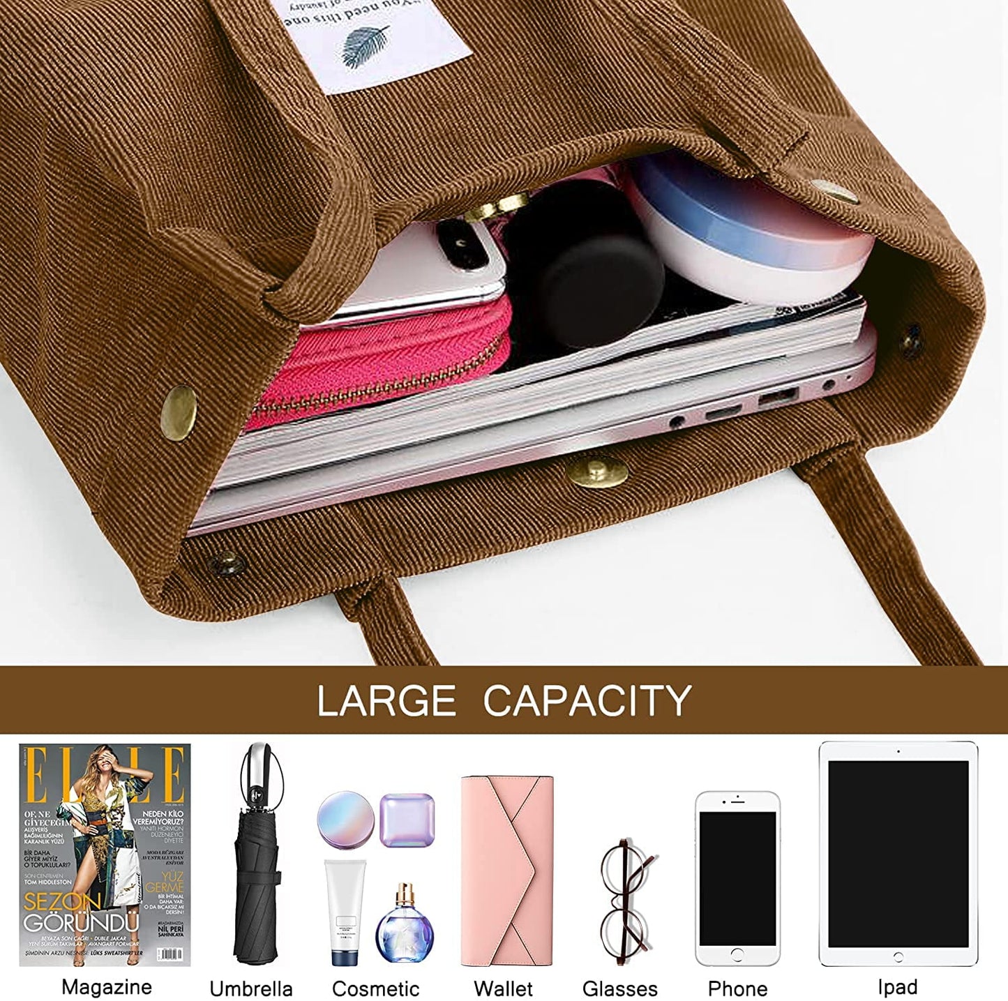 Ayieyill Corduroy Tote Bag Large for Women Girl Lady Canvas Shoulder Cord Purse and Handbags with Inner Pocket