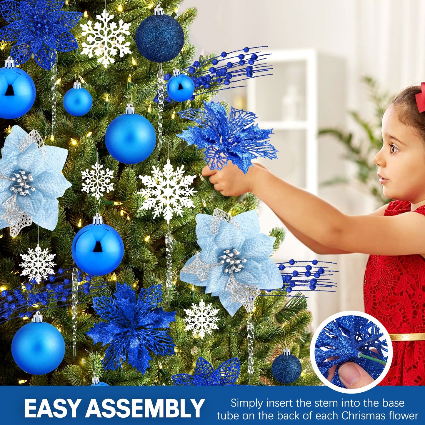 Ayieyill 92Pcs Christmas Tree Decorations Includes Poinsettia Christmas Flowers, Ball Ornaments, Artificial Glitter Berry Stems, Snowflake and Icicle Drop Crystal Ornaments