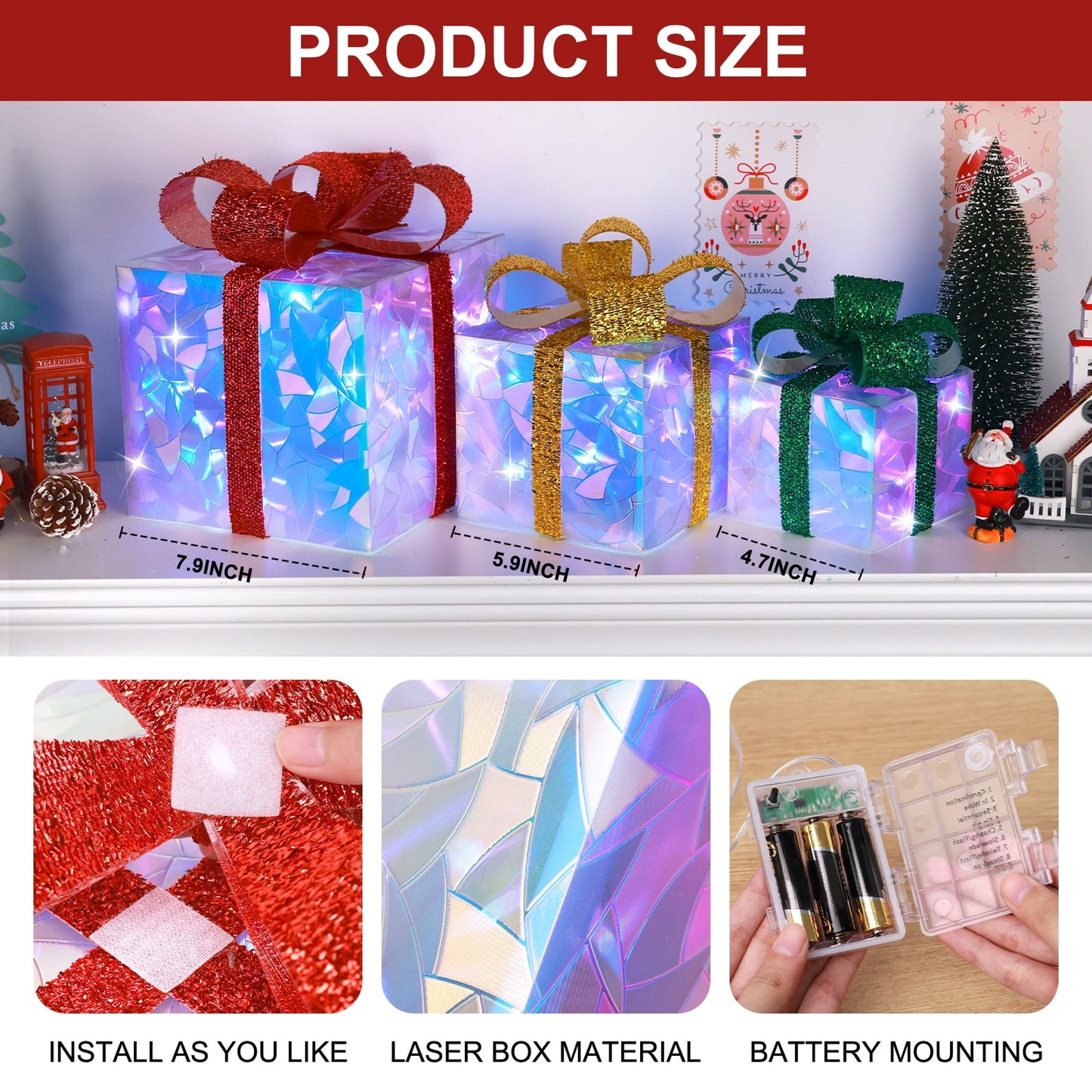 Ayieyill 3 Pcs  Christmas Lighted Gift Boxes, Light up Christmas Present Boxes, Christmas Decorations Indoor
