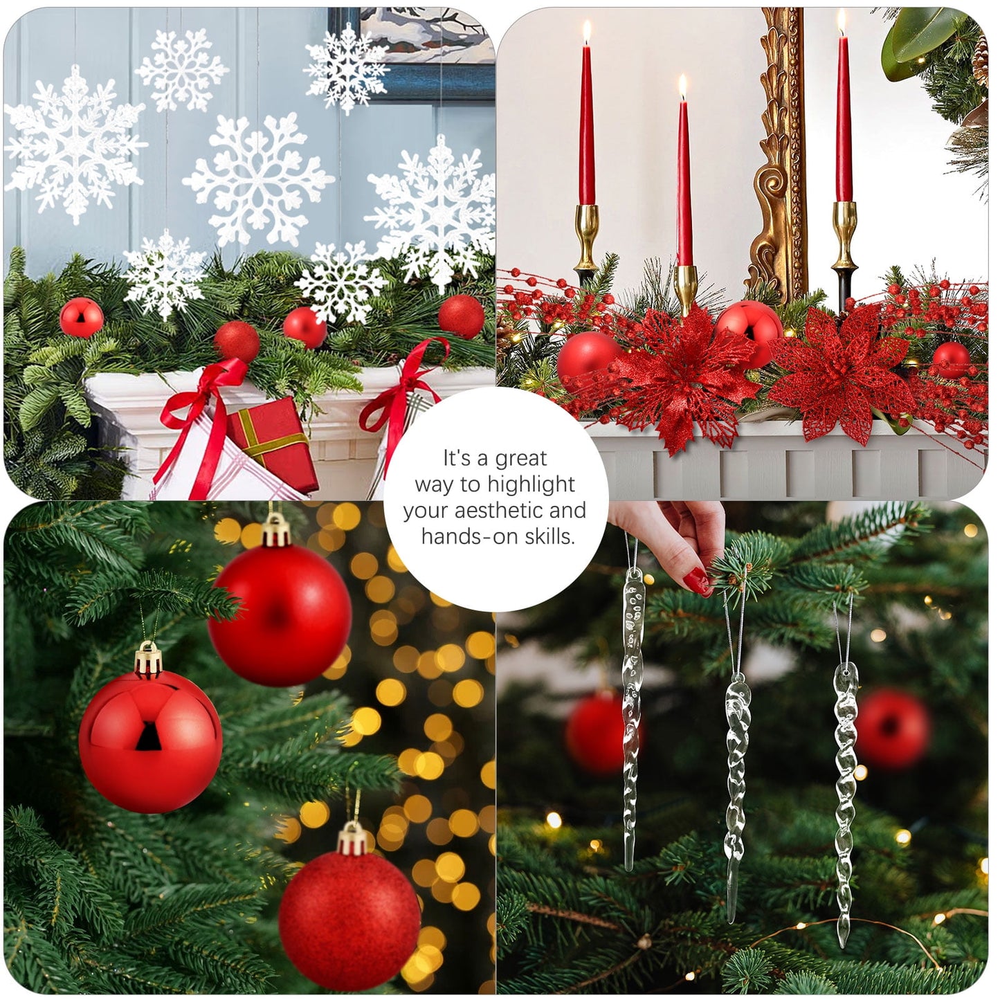 Ayieyill 92Pcs Christmas Tree Decorations Includes Poinsettia Christmas Flowers, Ball Ornaments, Artificial Glitter Berry Stems, Snowflake and Icicle Drop Crystal Ornaments