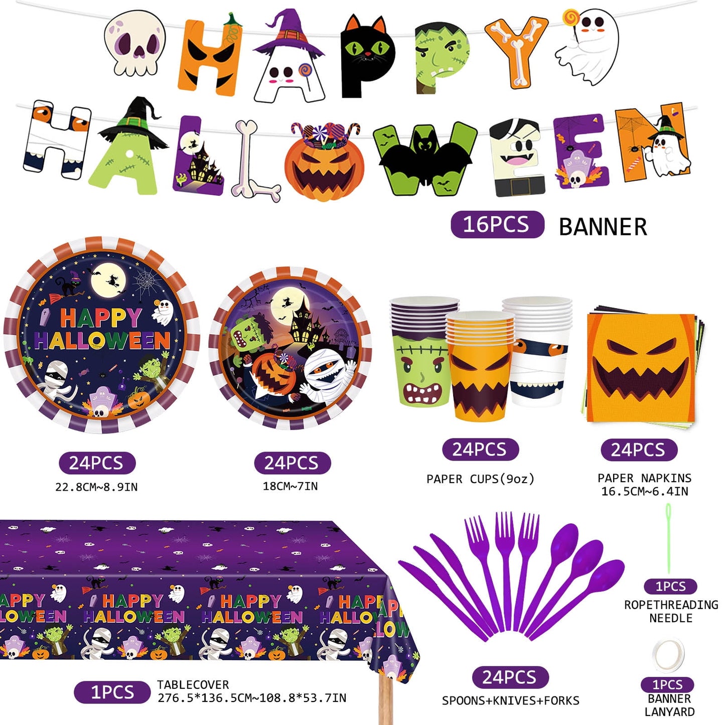 Ayieyill Halloween Party Supplies Set for 24 Guests, 170PCS Halloween Tableware Kit for Party Decoration, Disposable Plates, Cups, Napkins and Tablecloth