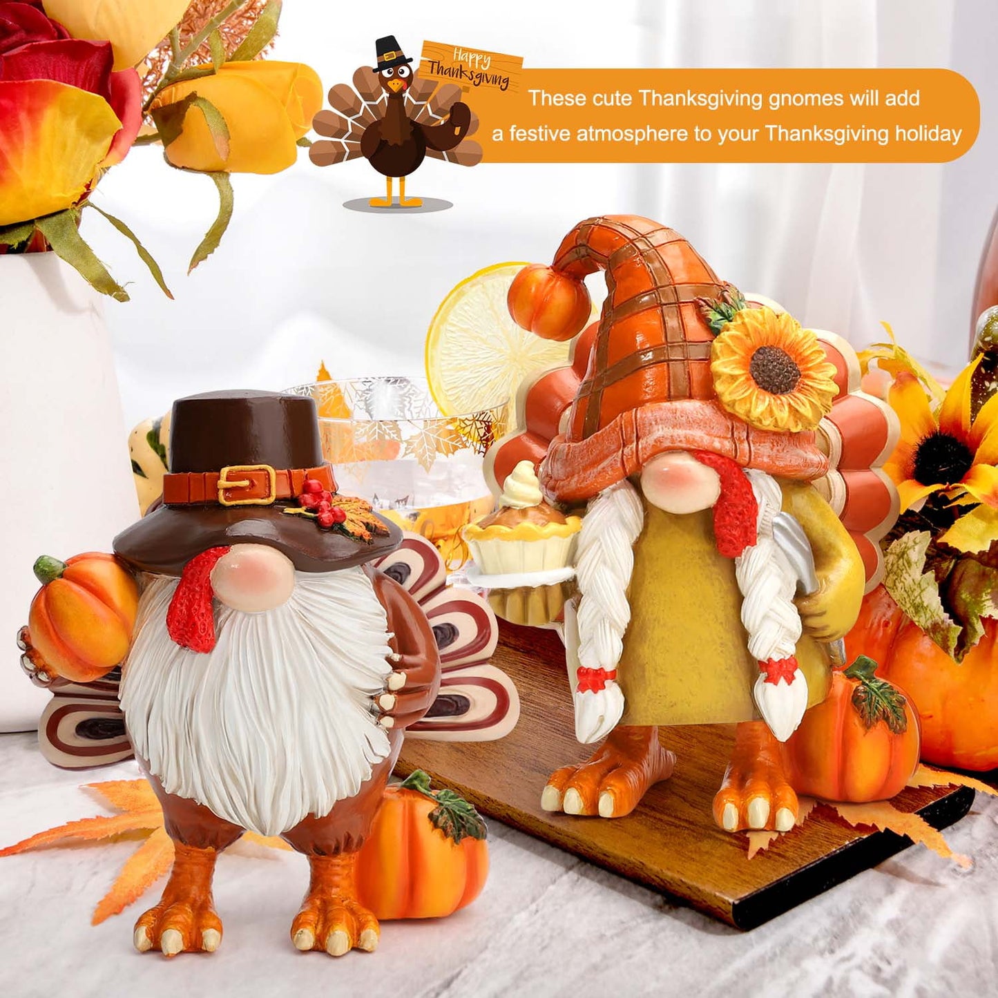 Ayieyill Thanksgiving Gnome Figurines, Turkey Thanksgiving Decorations, 2 Pcs, Resin