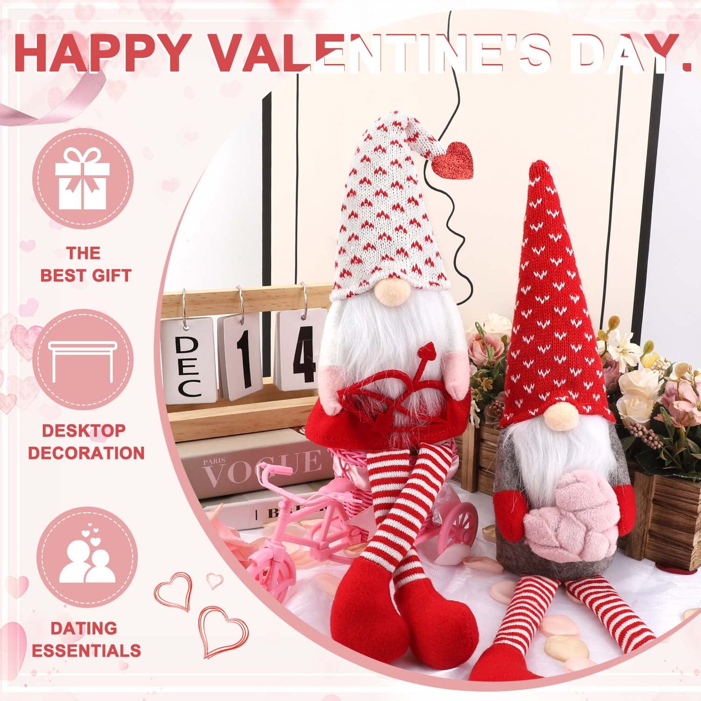 Ayieyill Valentines Day Decor 2PCs Valentine Gnomes Plush Dolls Scandinavian Tomte Swedish Gnome Elf Dwarf Figurines Valentine's Day Gifts