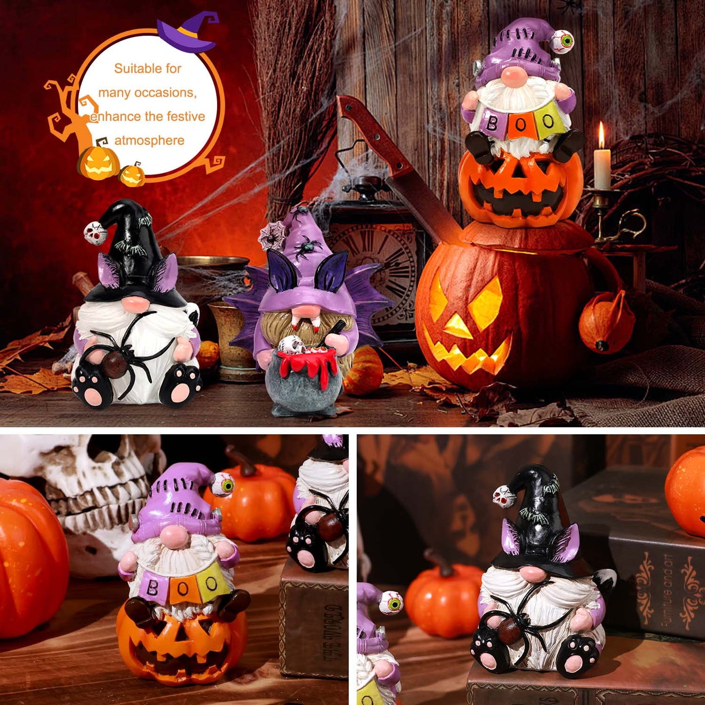 Ayieyill 3Pcs Halloween Gnomes Decorations Halloween Gnomes Ornaments for Home Decor | Handmade Halloween Gifts | Resin |