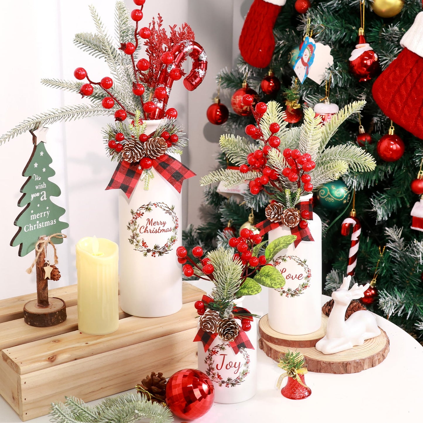 Ayieyill 4 Pcs Ceramic White Christmas Vase, Reindeer Christmas Decorations Indoor