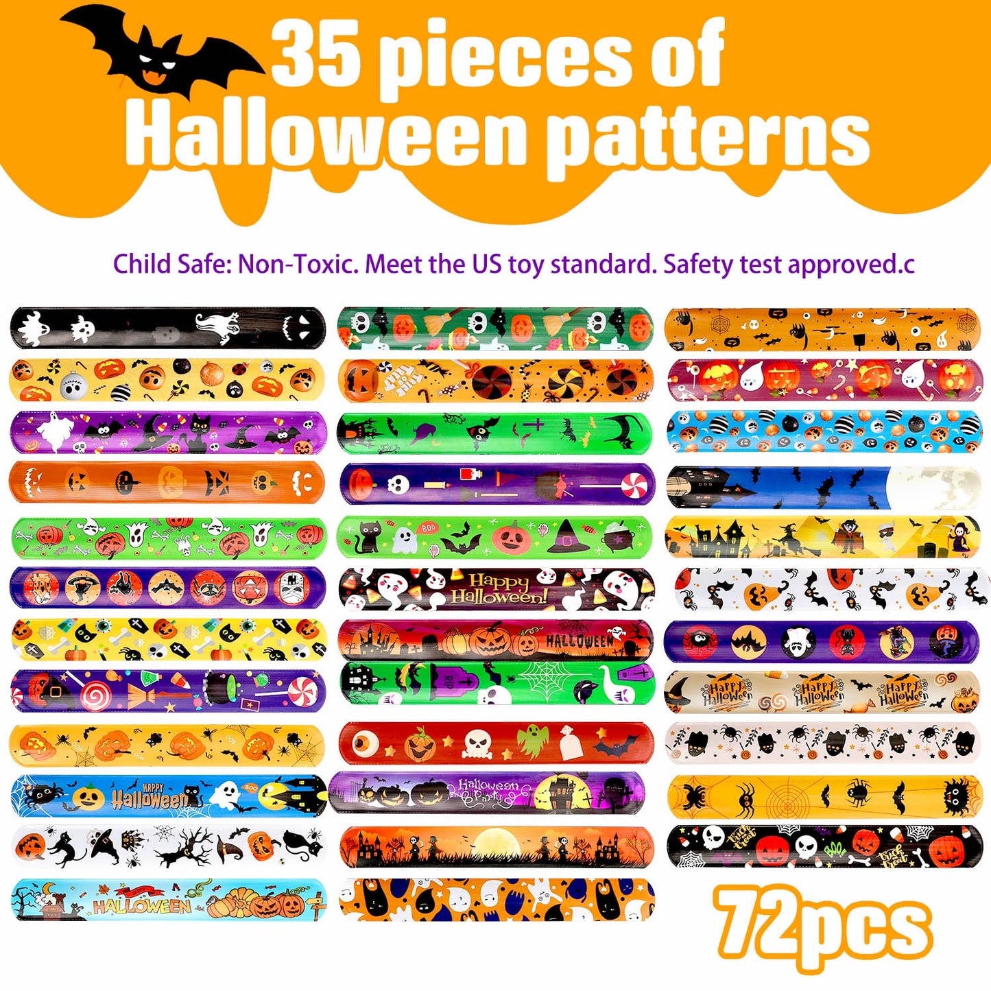 Ayieyill 36 PCS Halloween Slap Bracelets for Kids, Halloween Bracelets Bulk for Girls Boys, Kids Halloween Toys for Halloween Party Favors