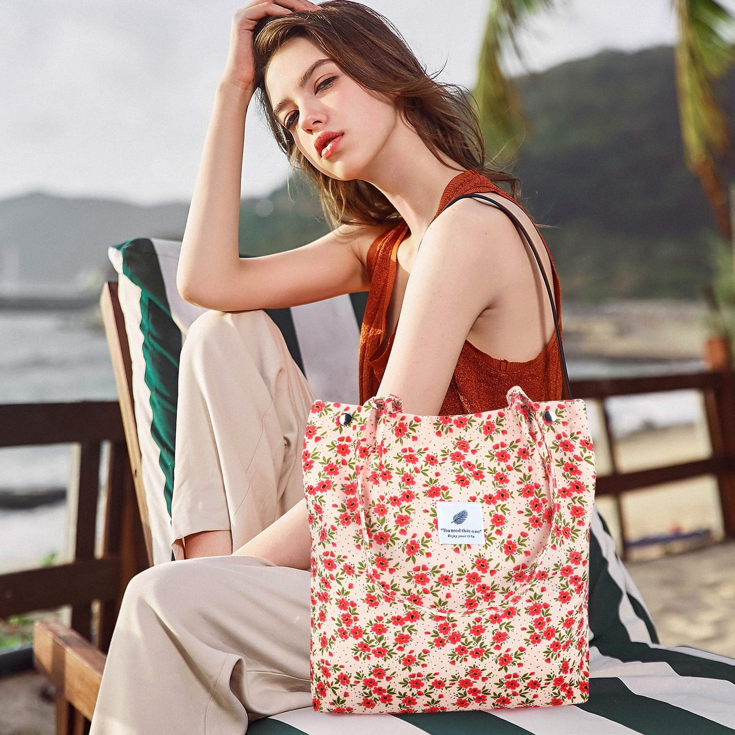 Ayieyill Corduroy Tote Bag Large for Women Girl Lady Canvas Shoulder Cord Purse and Handbags with Inner Pocket