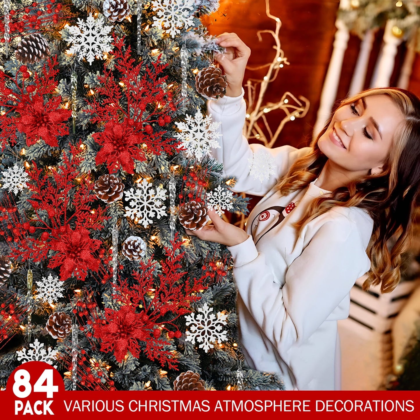 Ayieyill 84Pcs Christmas Tree Decorations Flowers, Artificial Glitter Berry Stems Christmas Pine Cones, Snowflake Icicle Drop Crystal Ornaments