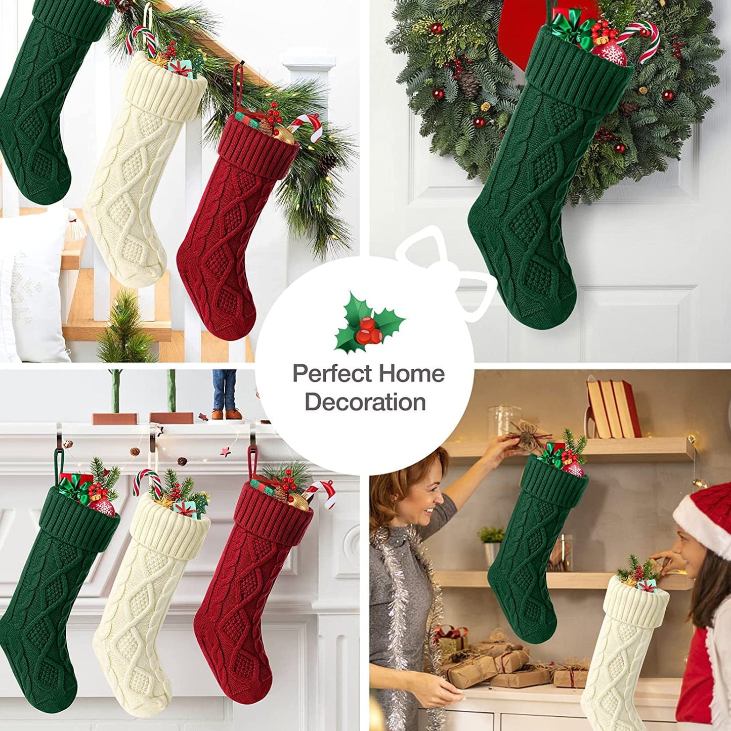 Ayieyill 6 Pcs Christmas Stockings Knitted Xmas Stockings Double-Sided 18 Inches Fireplace Stockings for Family Christmas Decorations