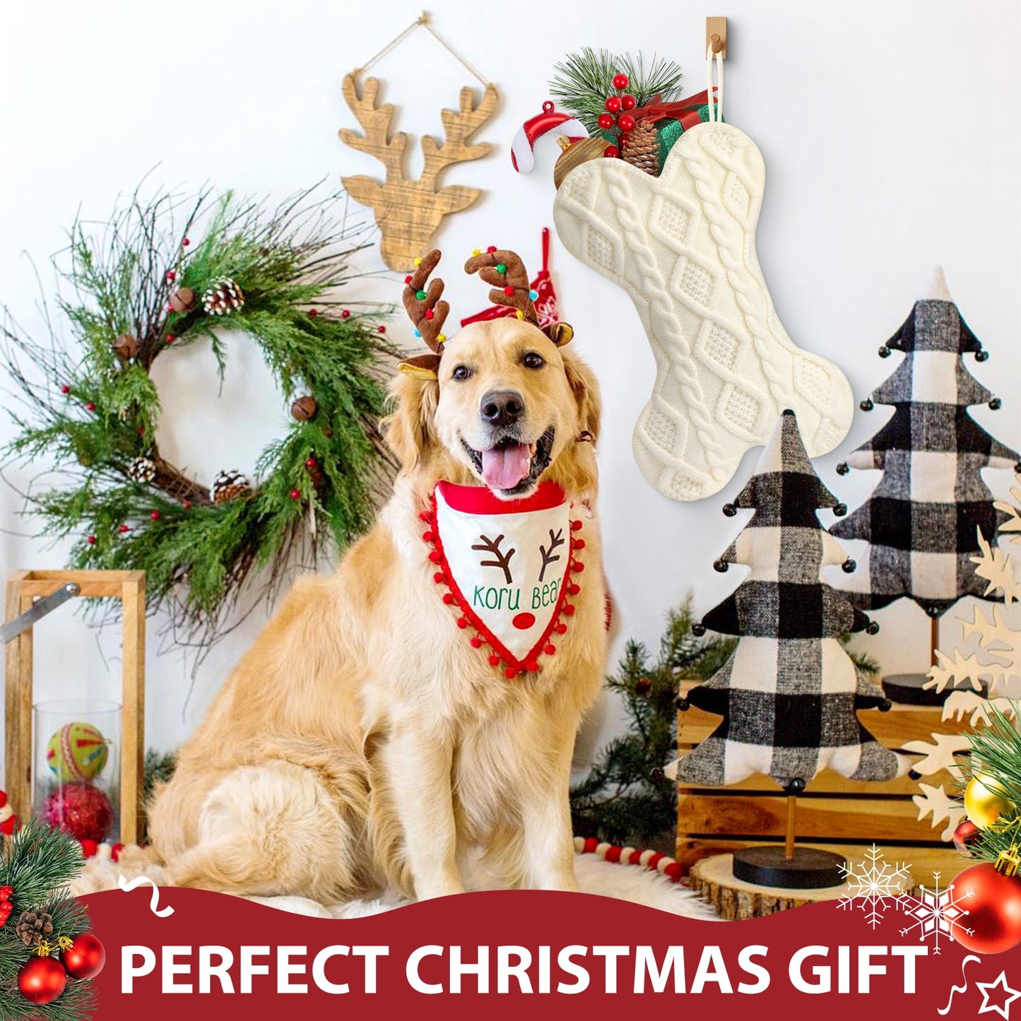 Ayieyill 18 Inch Dog Christmas Stocking, Bone Shape Stocking Christmas for Dog, Large Pet Stockings Hanging Christmas Decorations