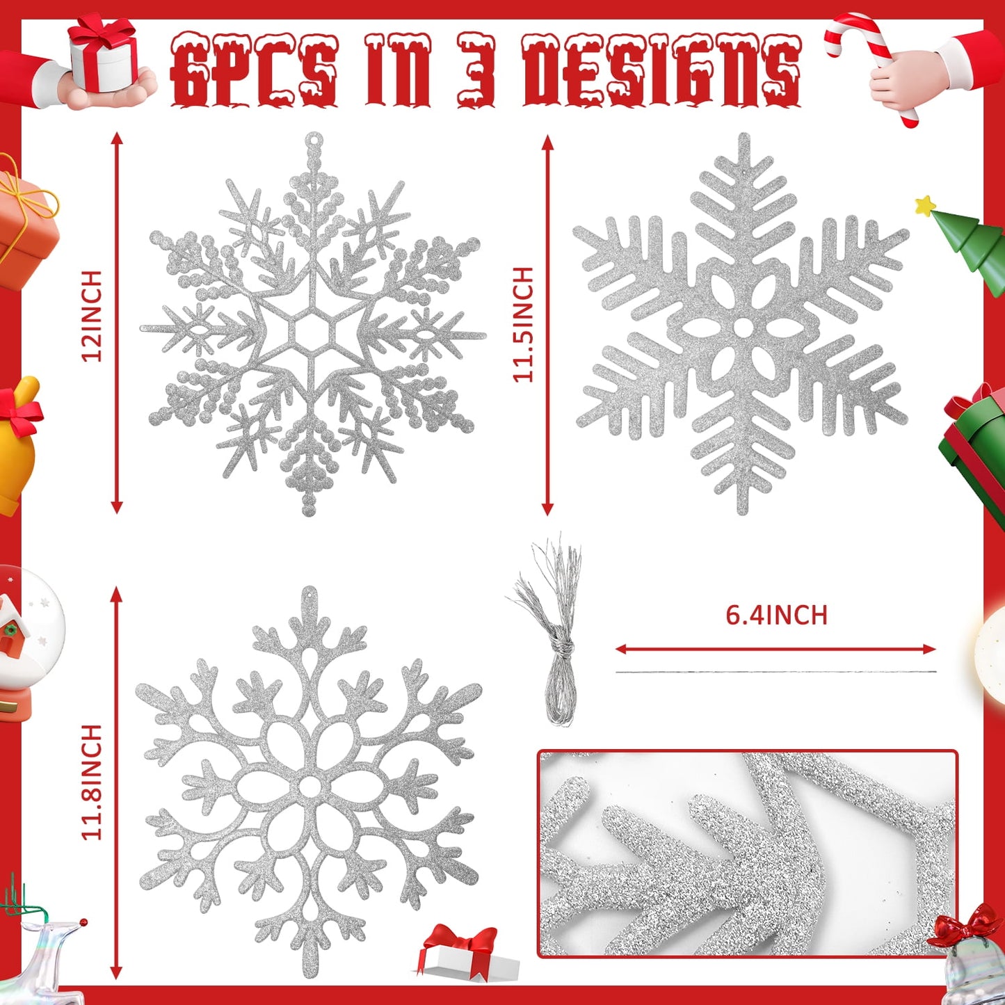 Ayieyill 6pcs Large White Snowflakes Decorations, 12” Big Plastic Glitter Snowflake for Winter Indoor Outdoor Christmas Tree Decorations Giant Craft Snowflakes