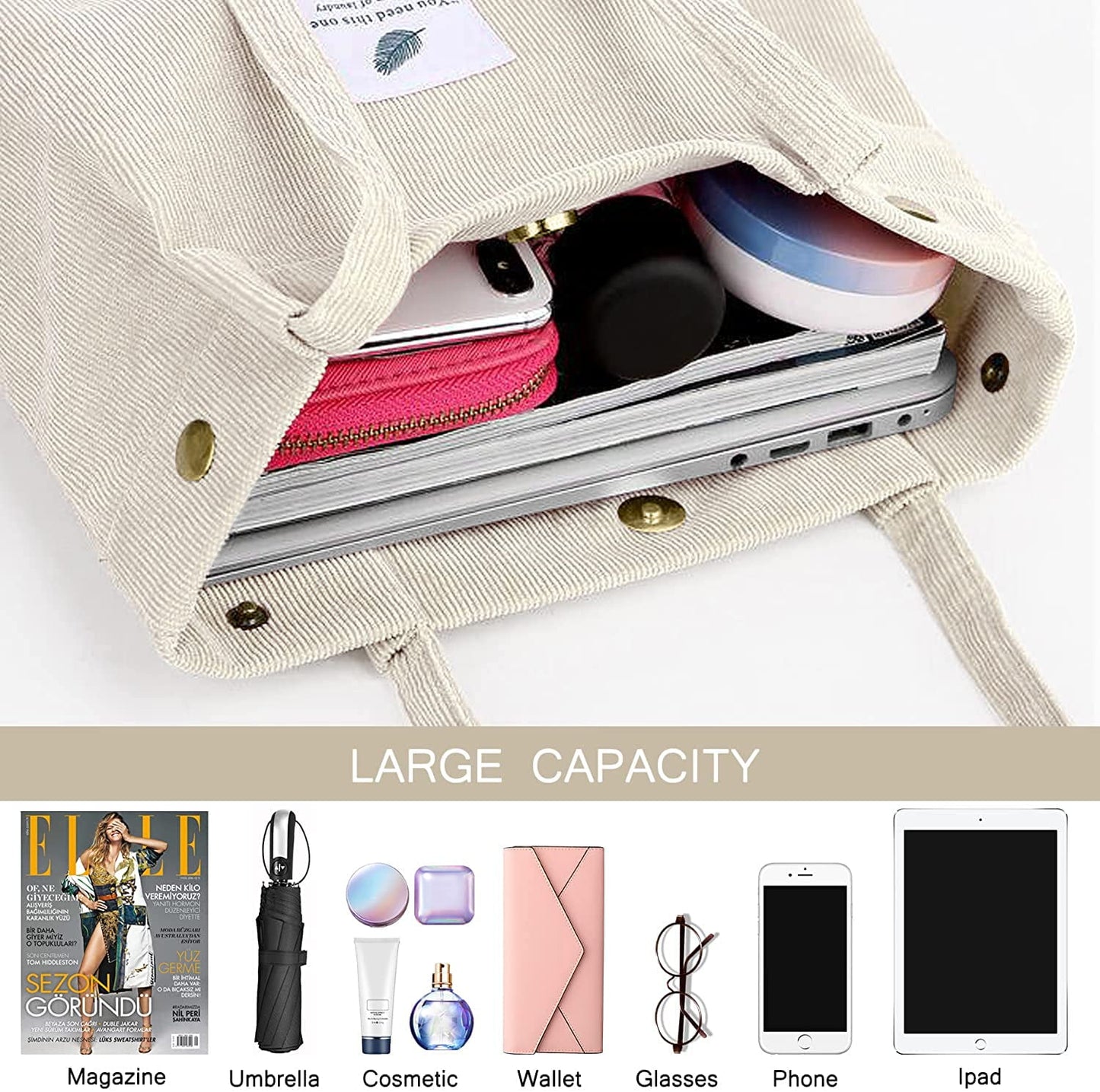 Ayieyill Corduroy Tote Bag Large for Women Girl Lady Canvas Shoulder Cord Purse and Handbags with Inner Pocket