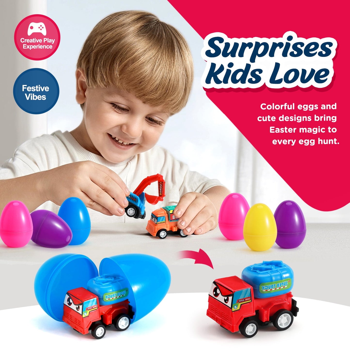 Ayieyill 12Pcs Prefilled Easter Eggs - Toy Filled Easter Eggs Filled with Pull-Back Construction Vehicles