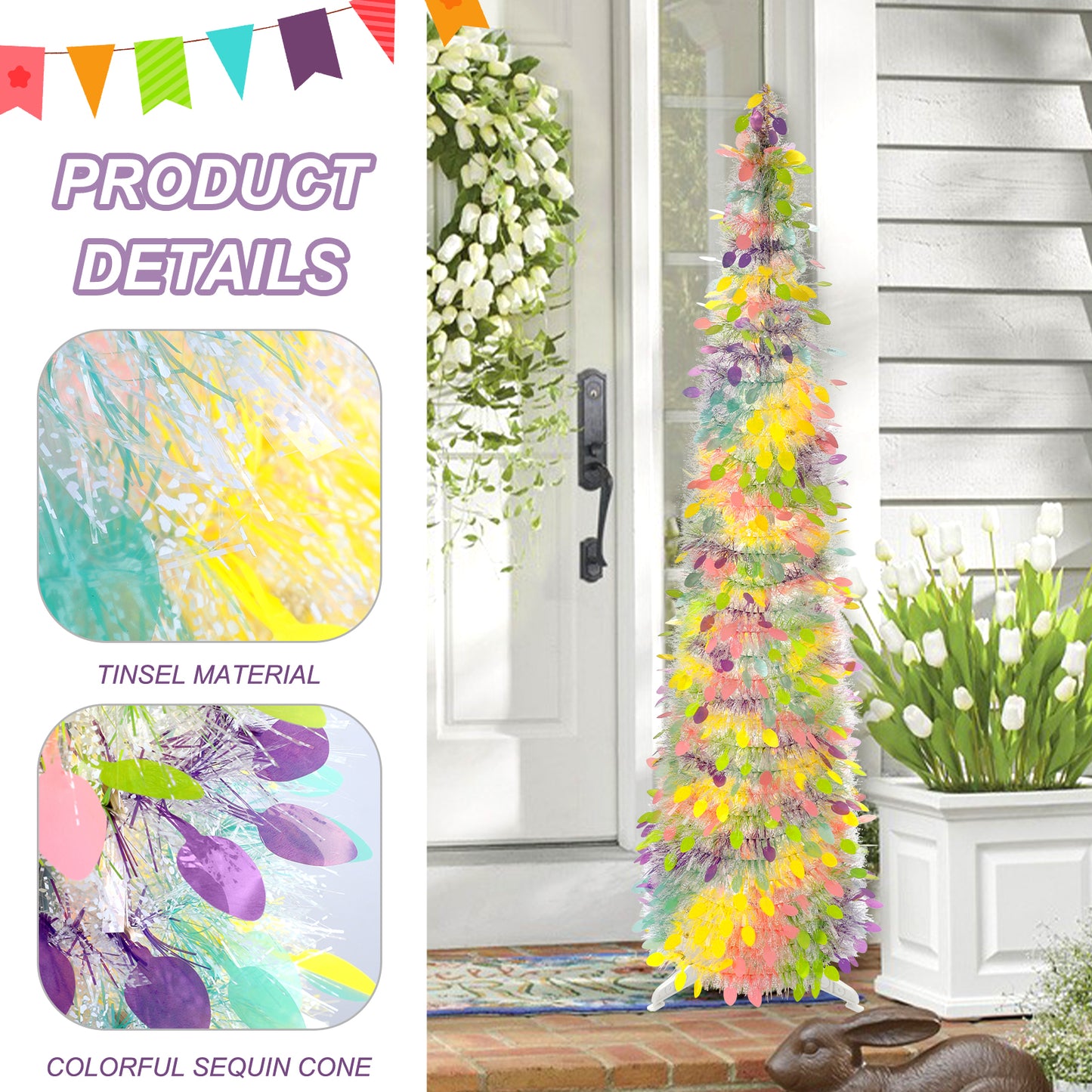 Ayieyill 5 ft Easter Trees Decorations,Tinsel Easter Trees Pop up Artificial Pencil Trees, Collapsible Easter Trees
