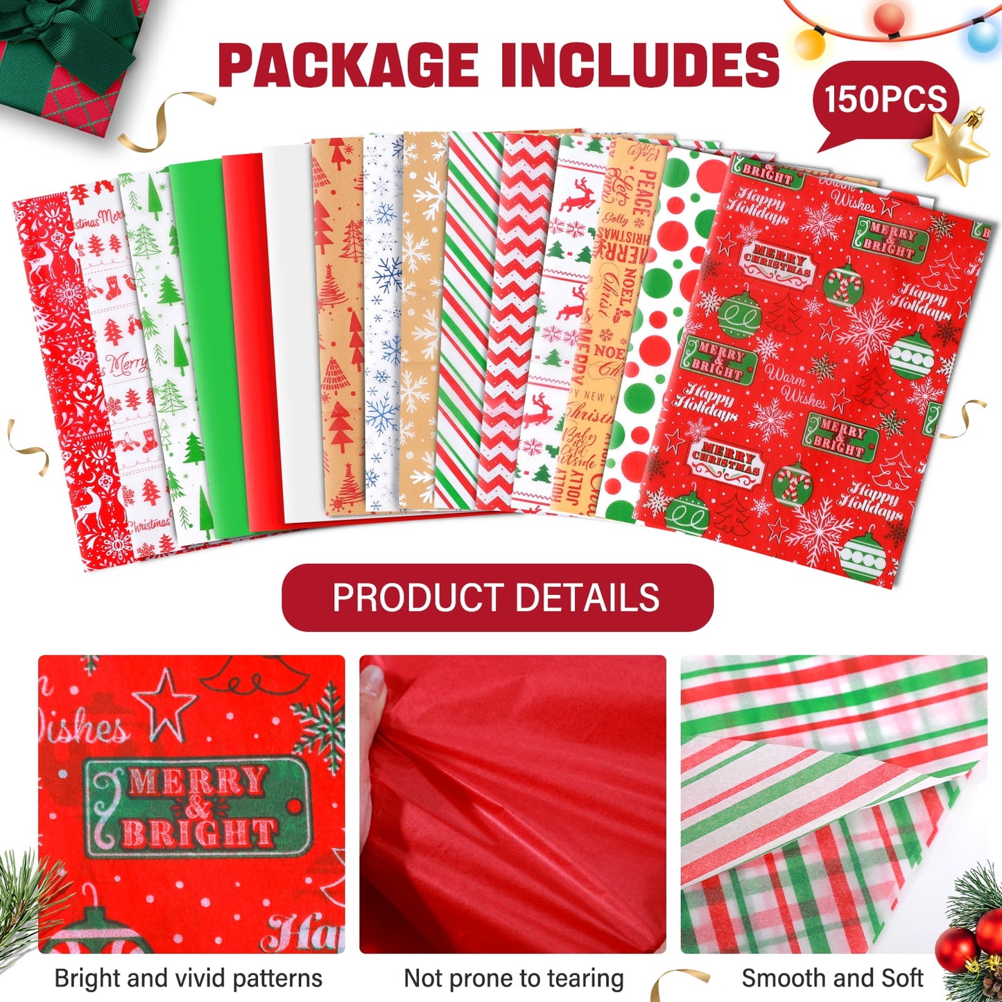 Ayieyill 70pcs Christmas Tissue Paper Sheets Christmas Wrapping Paper Xmas Tissue Paper for Gift Bags Gift Wrap