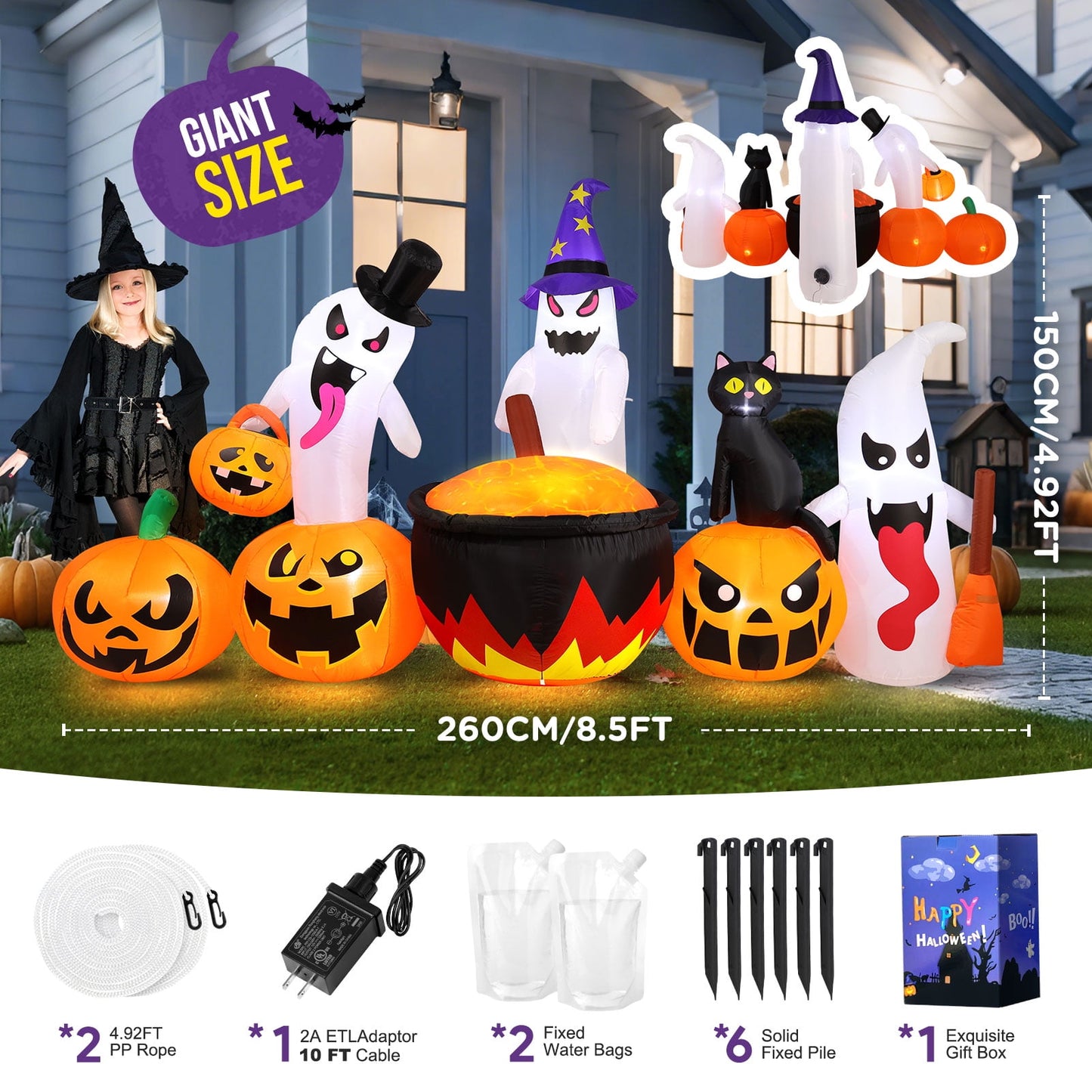 Ayieyill 8.5FT Halloween Inflatables Pumpkin Ghost Family with Built-in LED Lights, Halloween Blow up Yard Decorations