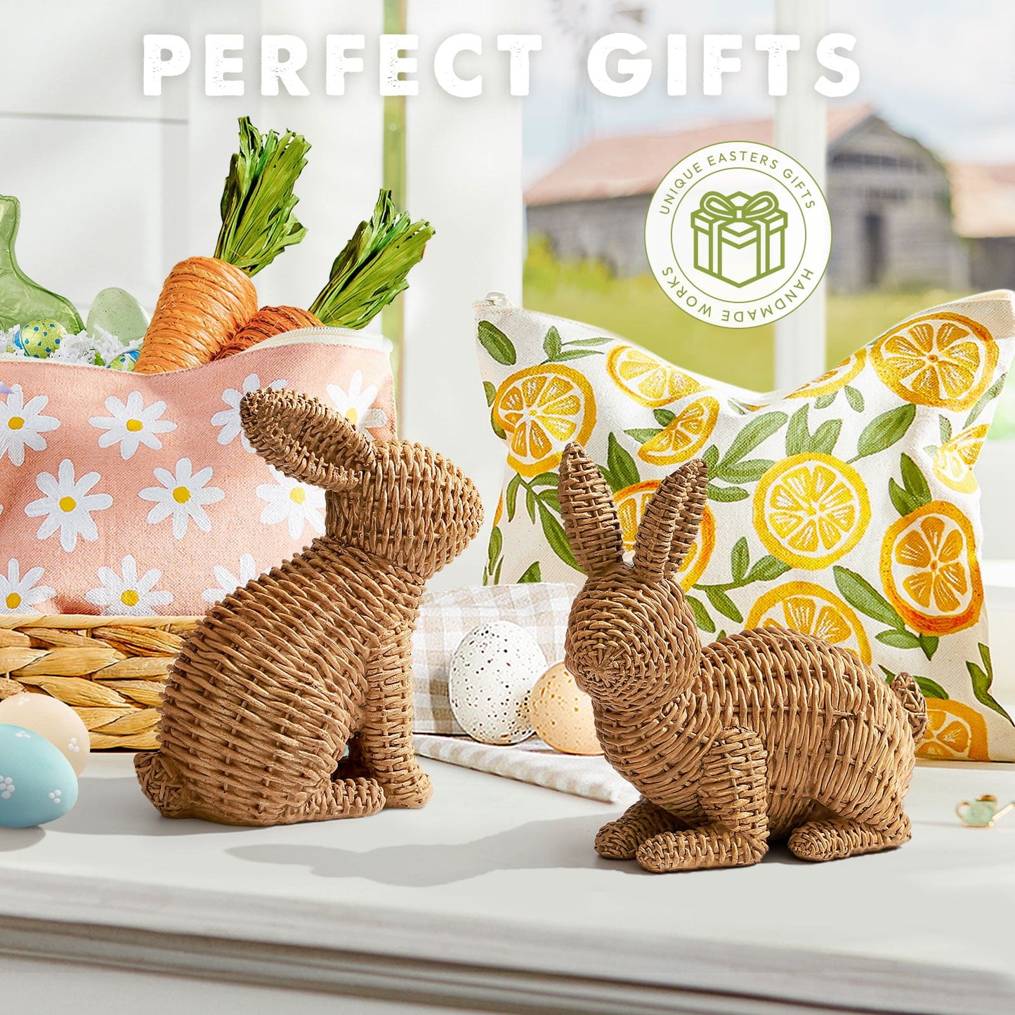 Ayieyill 2 Pcs Easter Rabbit Decor, Easter Rattan Bunny Resin Ornaments for Home Courtyard Tabletop to Enhance The Easter Atmosphere