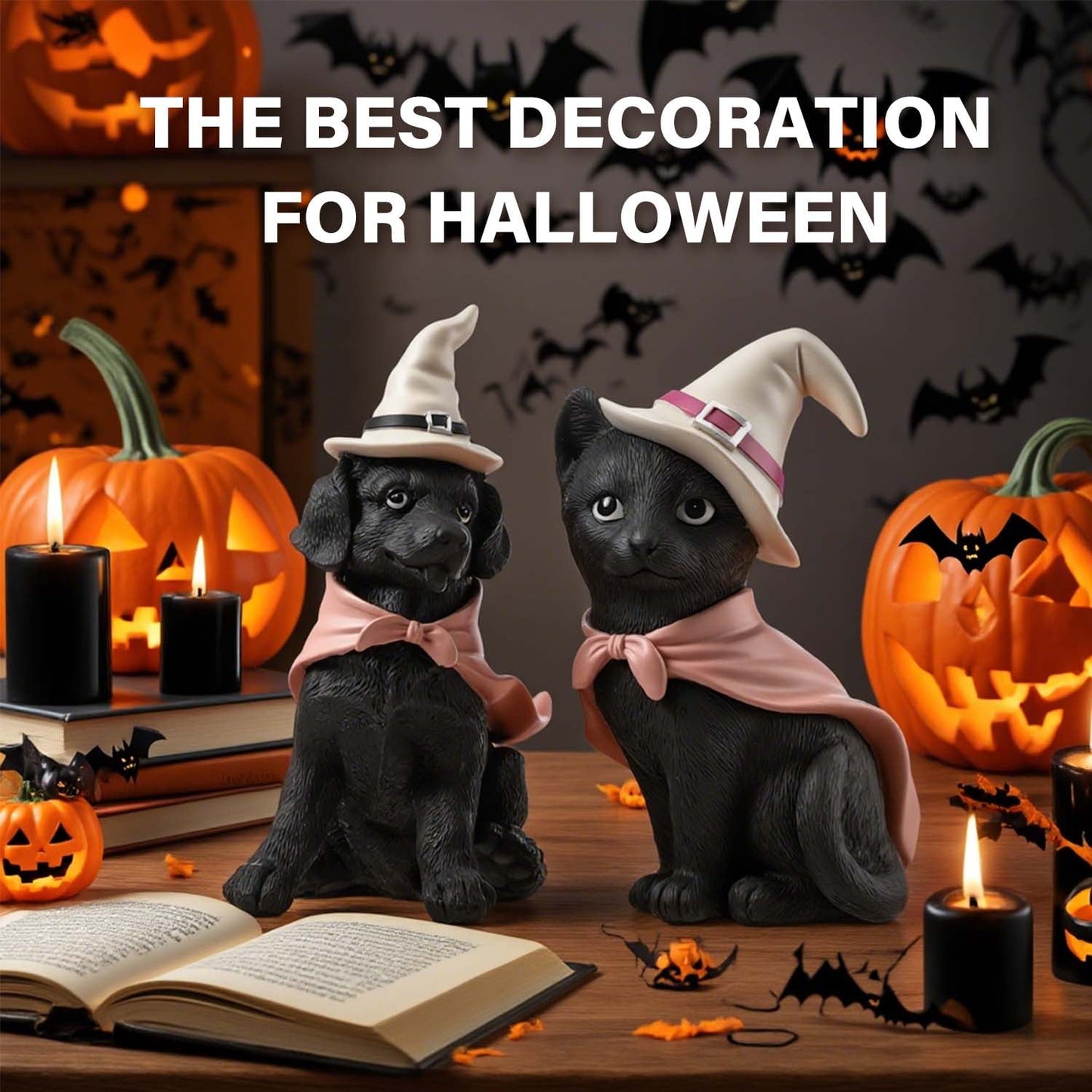 Ayieyill Halloween Figurines Set of 2, Black Cat and Black Dog for Tabletop or Shelf Halloween Decoration Indoor