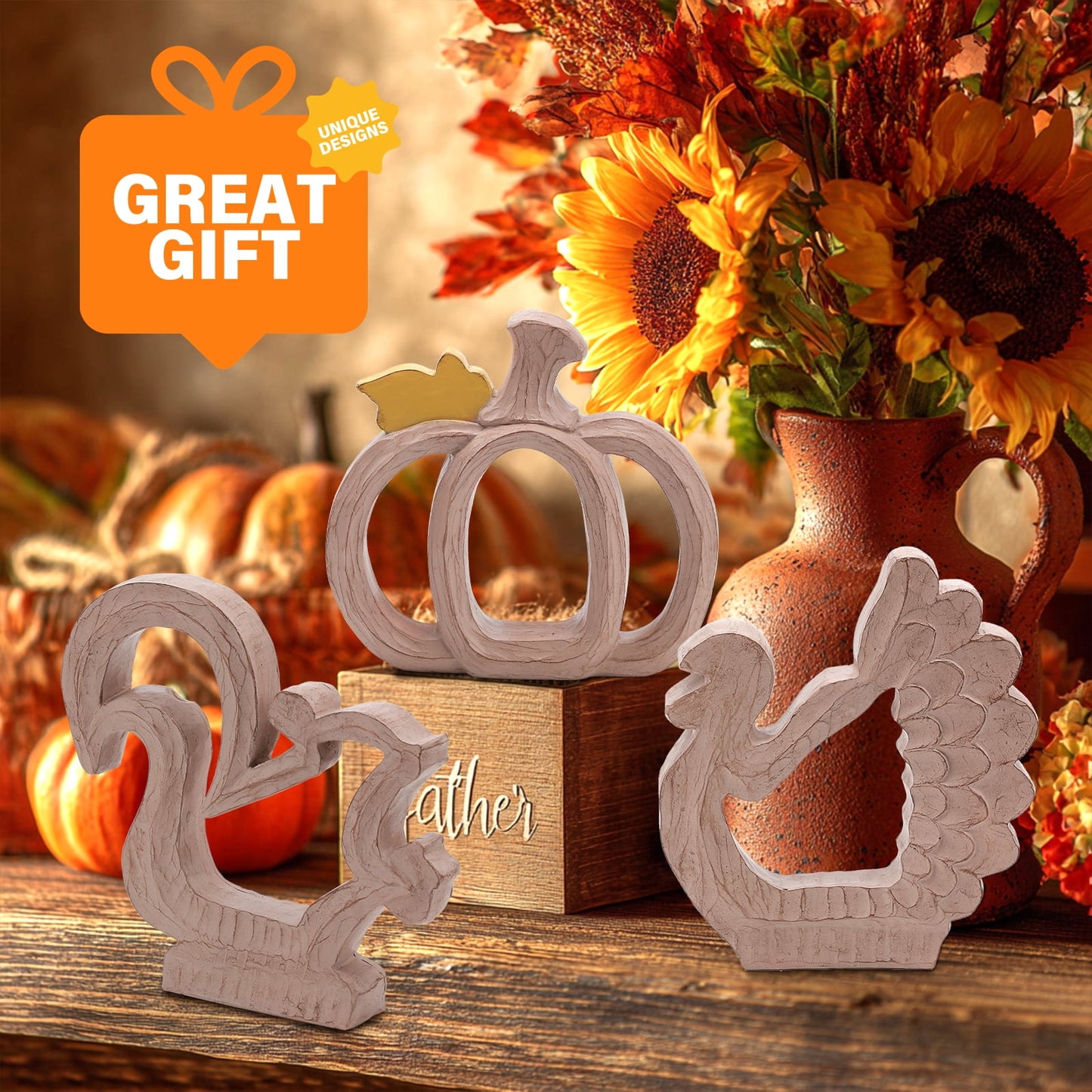 Ayieyill Fall Decorations for Home, Thanksgiving Decorations Pumpkin Decor Turkey Decor Resin, 3pcs Wood