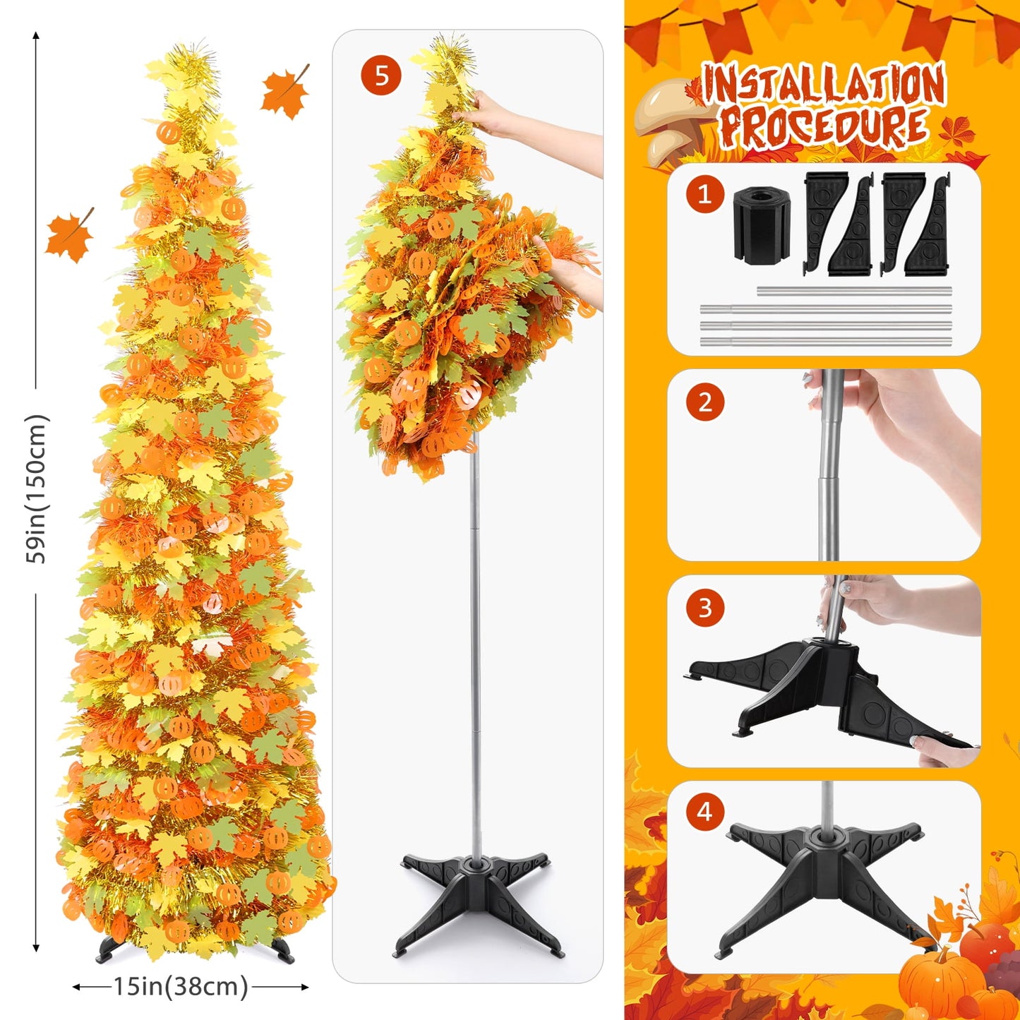 Ayieyill 5Ft Fall Tree Pop up Pencil Tree Collapsible Maple Tree for Indoor Outdoor Thanksgiving Decorations Autumn Harvest