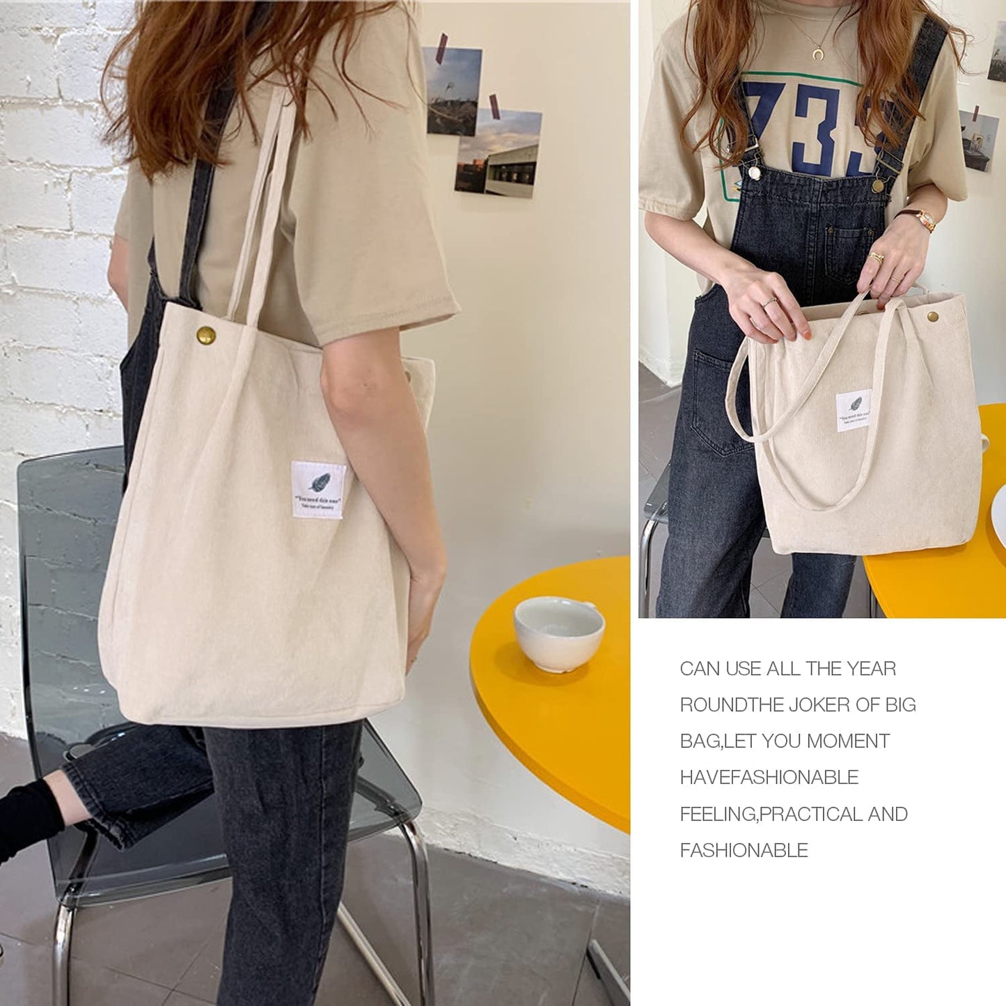 Ayieyill Corduroy Tote Bag Large for Women Girl Lady Canvas Shoulder Cord Purse and Handbags with Inner Pocket
