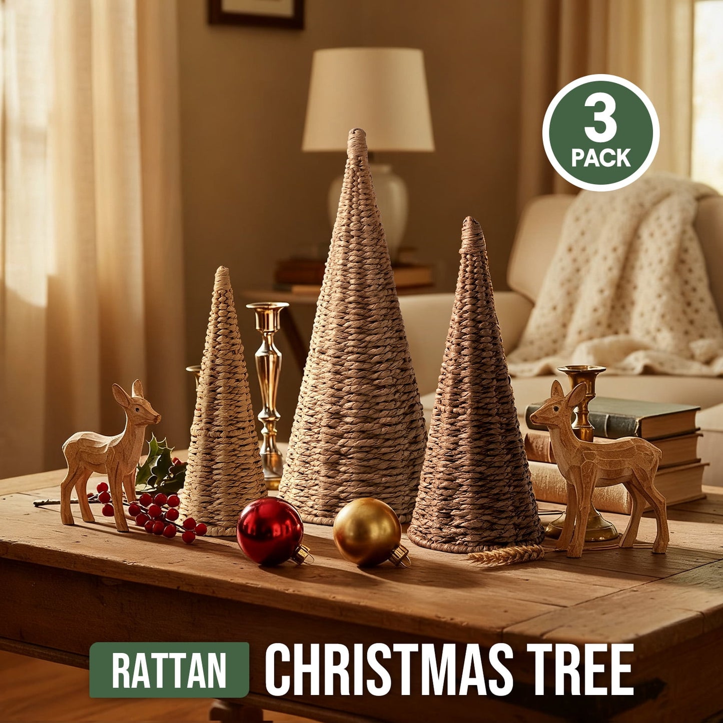 Ayieyill 3pcs Wicker Christmas Tree Tabletop Christmas Decor Farmhouse Christmas Decor Rustic Xmas Decorations, Natural