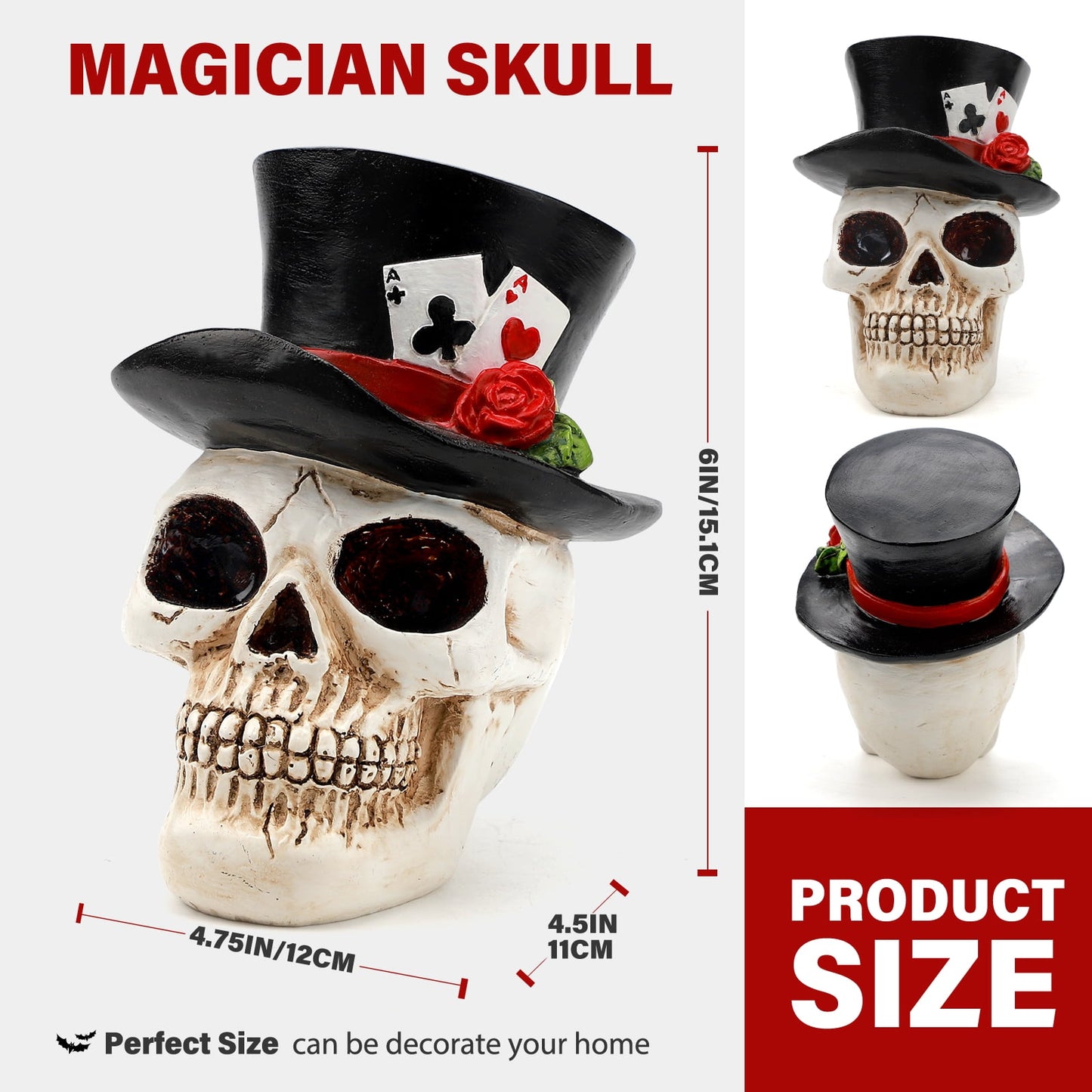 Ayieyill Halloween Skull Decorations Indoor, Gothic Decor Skull  with Top Hat Rose and Playing Cards, Resin Skull Head Decor