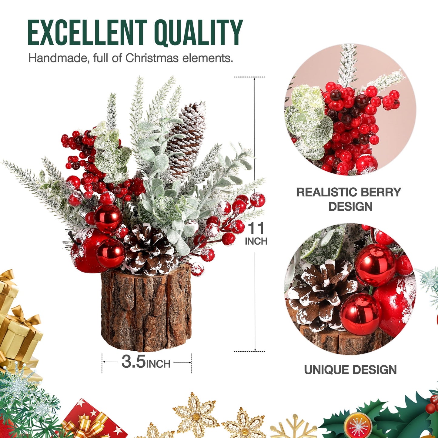 Ayieyill Small Christmas Tree, Artificial Mini Tabletop Christmas Tree Decorations with Christmas Ornaments