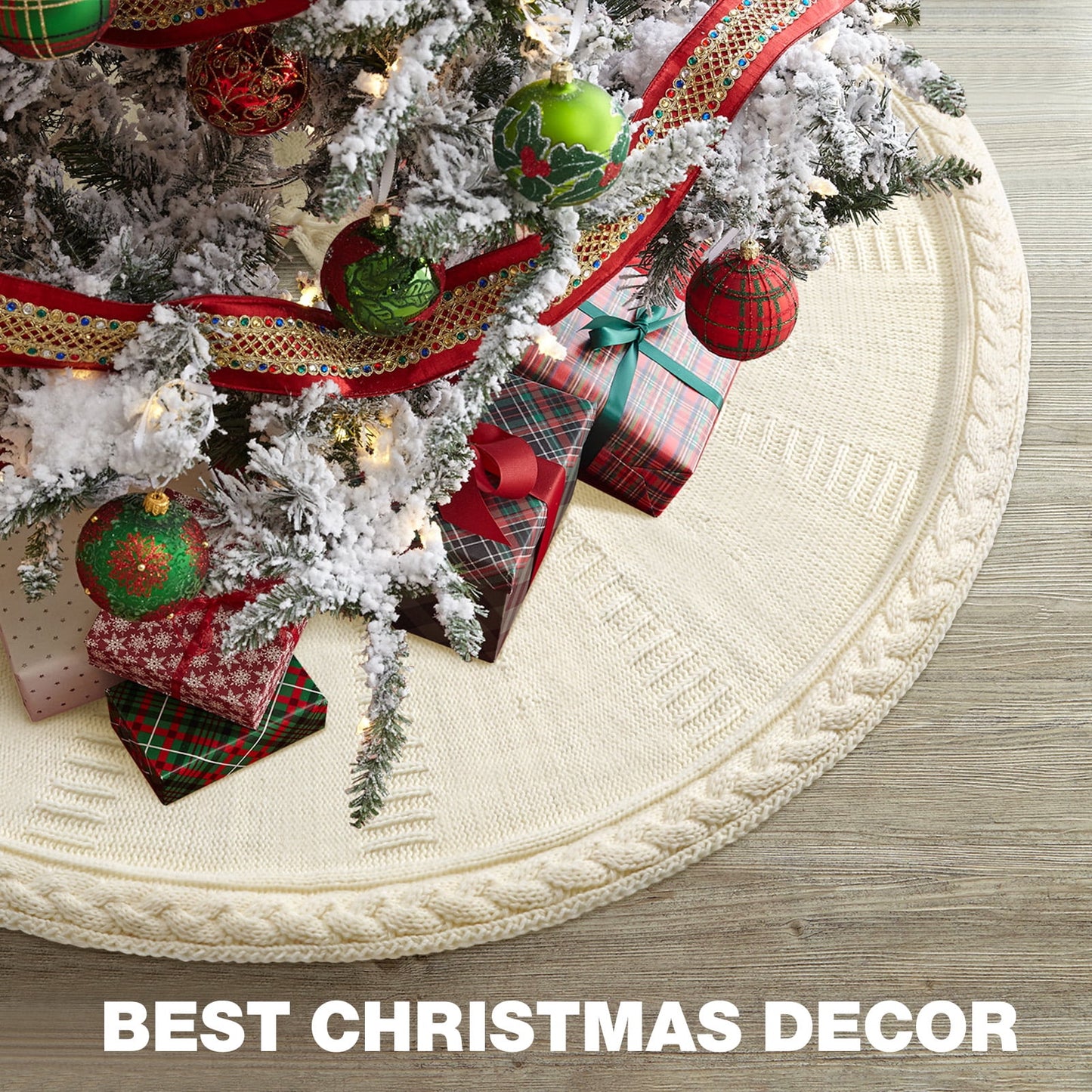 Ayieyill Christmas Tree Skirt, 48 inches White Tree Skirt Luxury Cable Knit Knitted Thick Rustic Xmas Tree Skirt Christmas Decoration, Cream