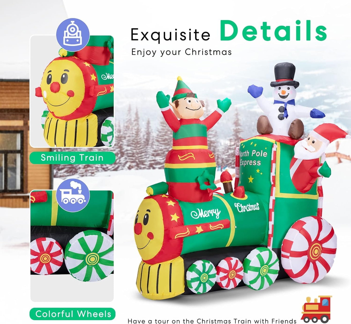 Ayieyill 6 x 5ft Pre-Lit Christmas Inflatables, Santa on Train Outdoor Christmas Decoration with Ground Stakes