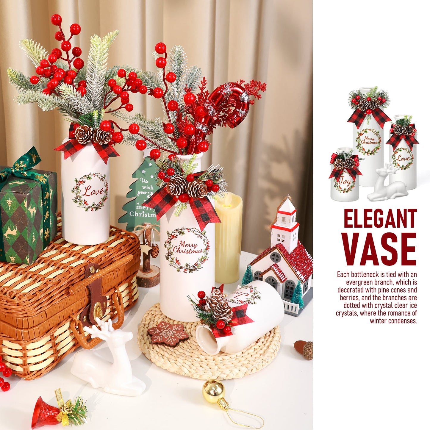 Ayieyill 4 Pcs Ceramic White Christmas Vase, Reindeer Christmas Decorations Indoor