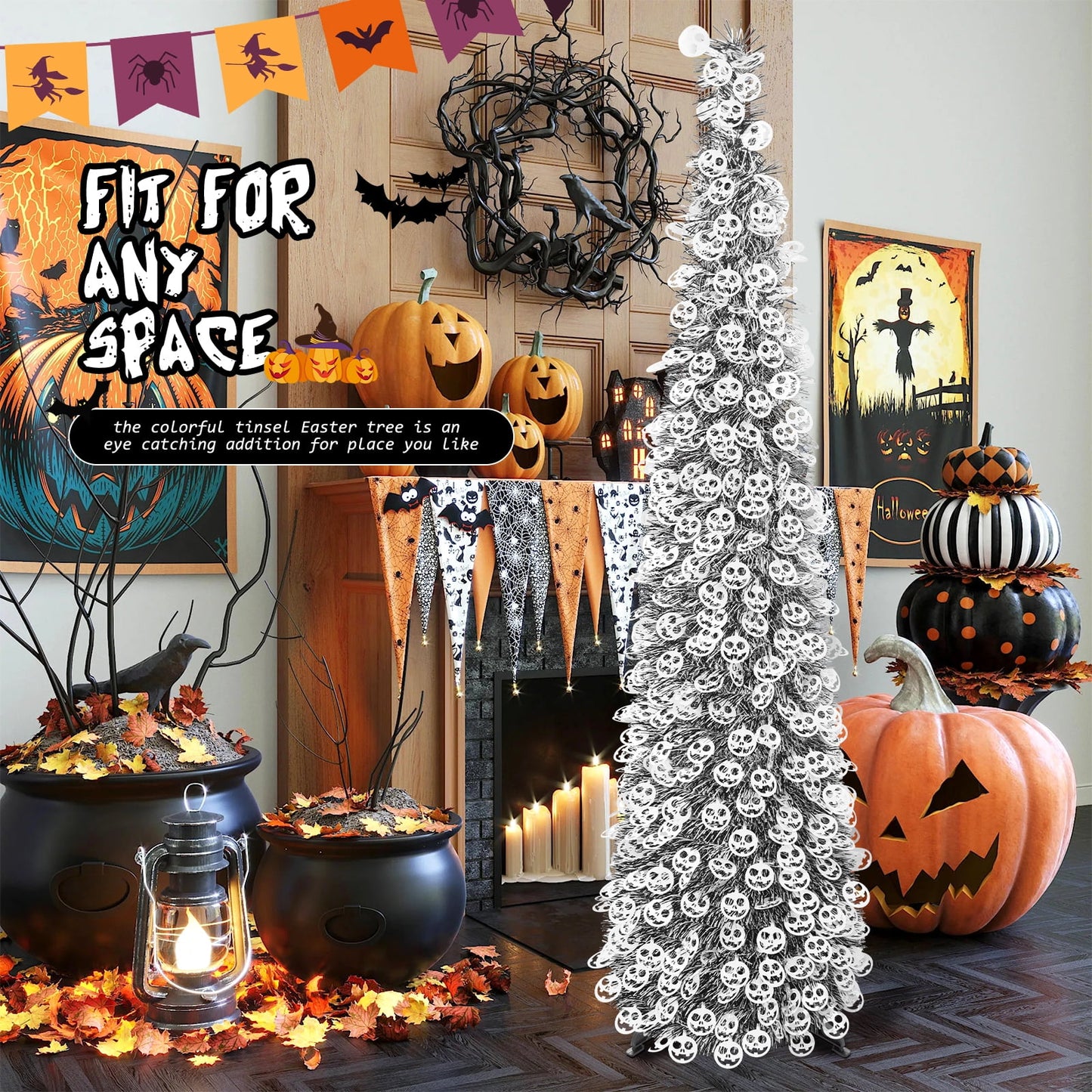 Ayieyill 5ft Halloween Tree Prelit, Pencil Pop up Tree with Light Halloween Decoration | Indoor