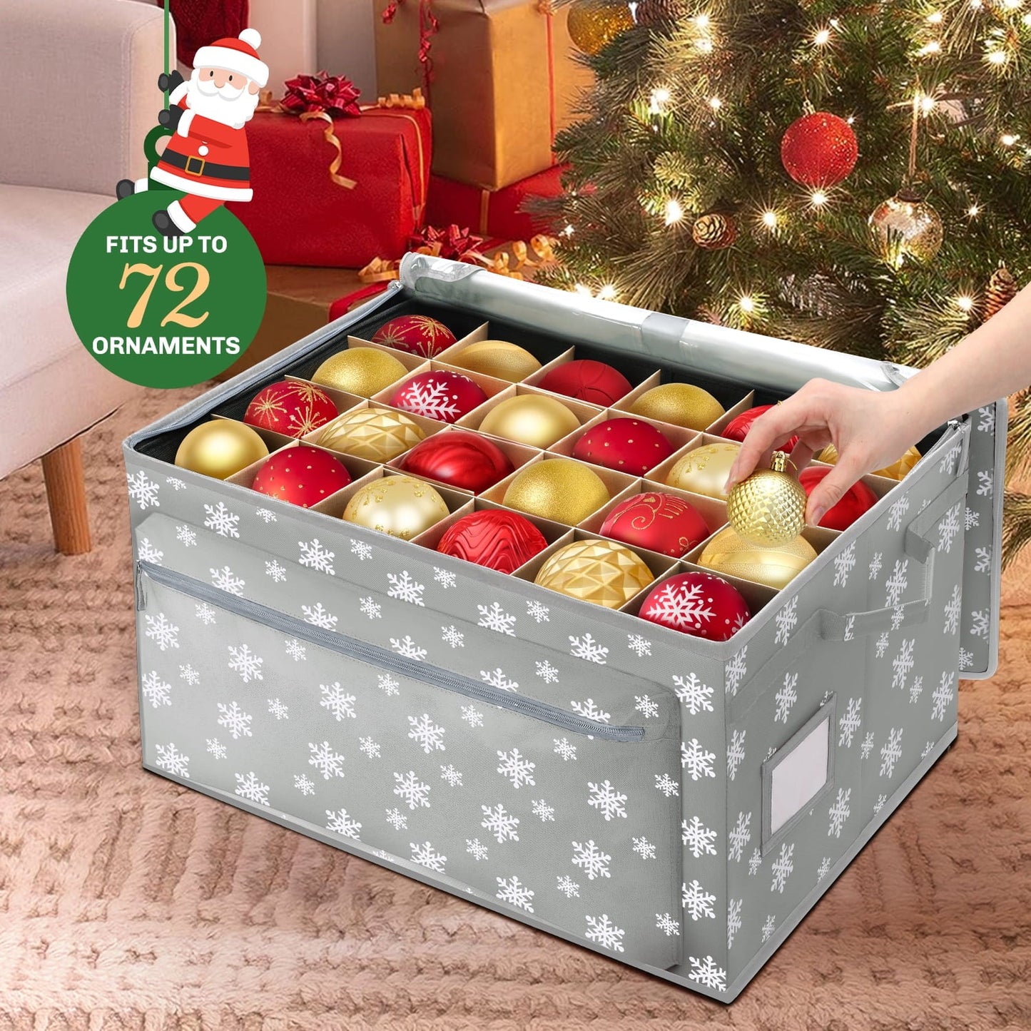 Ayieyill Premium Christmas Ornament Storage Container - Holds Up to 72-4” Ornaments Durable 600D Fabric - Adjustable Dividers - 3 Individual Trays