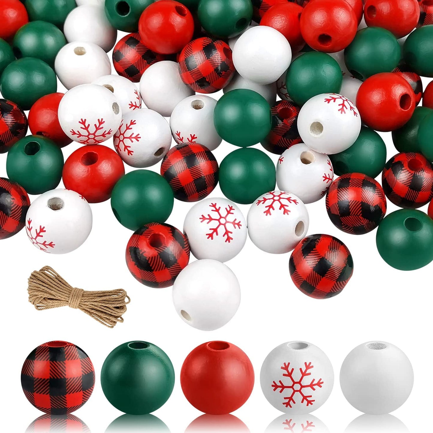 Ayieyill 210 Pcs Christmas Wooden Beads Red Green Buffalo Plaid Wood Bead