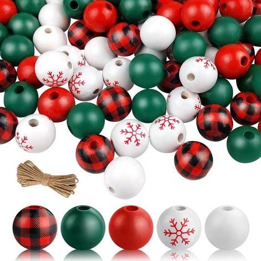 Ayieyill 210 Pcs Christmas Wooden Beads Red Green Buffalo Plaid Wood Bead