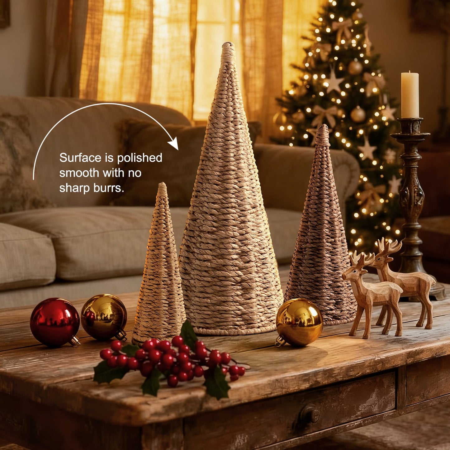 Ayieyill 3pcs Wicker Christmas Tree Tabletop Christmas Decor Farmhouse Christmas Decor Rustic Xmas Decorations, Natural