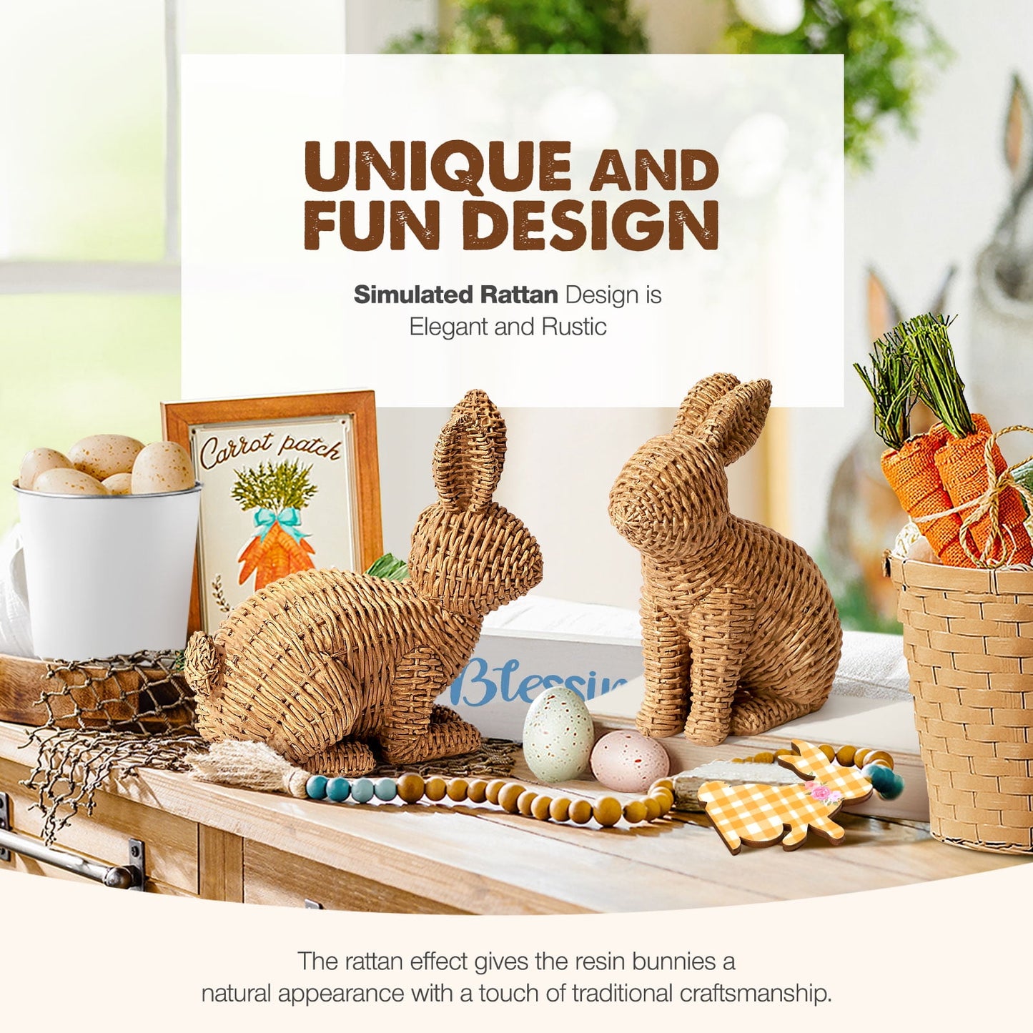 Ayieyill 2 Pcs Easter Rabbit Decor, Easter Rattan Bunny Resin Ornaments for Home Courtyard Tabletop to Enhance The Easter Atmosphere